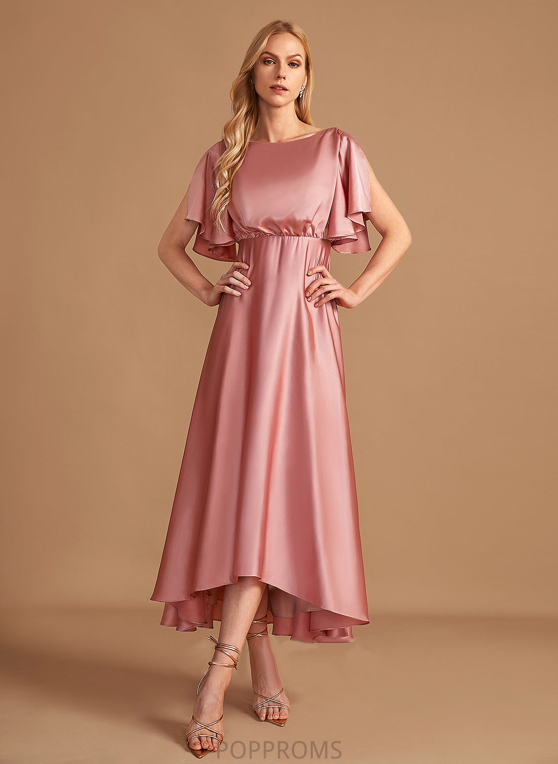 A-Line Silhouette Neckline Straps Fabric HighNeck Length Asymmetrical Satin Evangeline Sleeveless Floor Length Bridesmaid Dresses