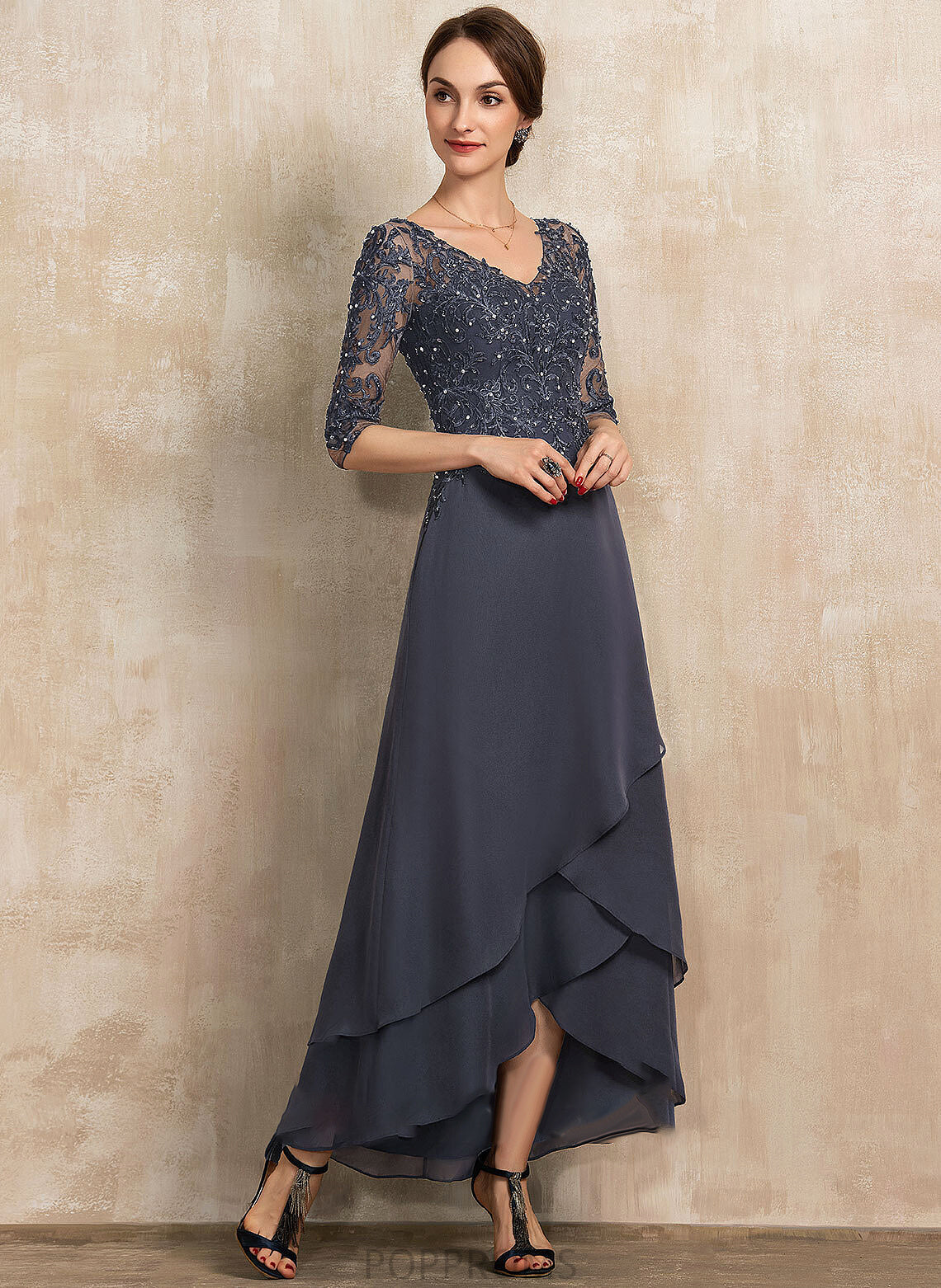 of A-Line Beading Bride Asymmetrical Dress the Lace Mother With V-neck Sequins Chiffon Mother of the Bride Dresses Callie