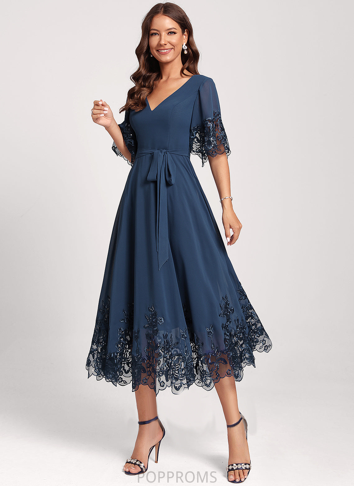 Cocktail Tea-Length Lace With Dress Sequins Club Dresses Chiffon Diya A-Line V-neck