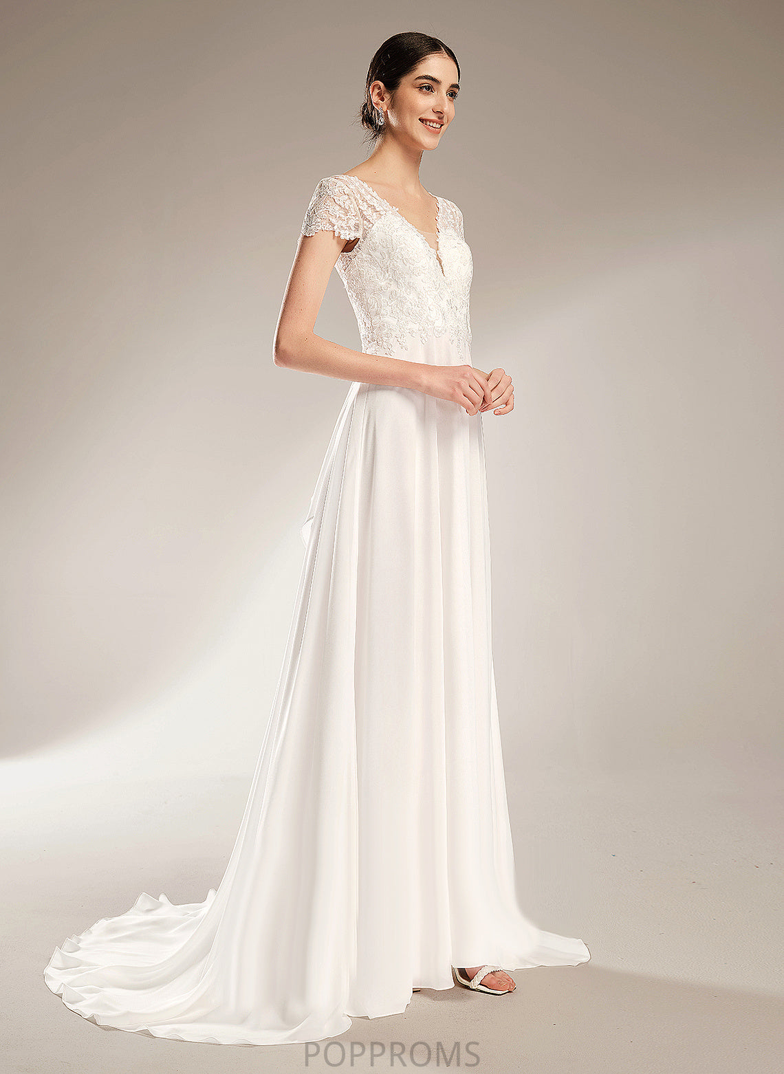 Wedding Dresses Dress Lace Bow(s) Wedding Court Chana A-Line Chiffon Train V-neck With