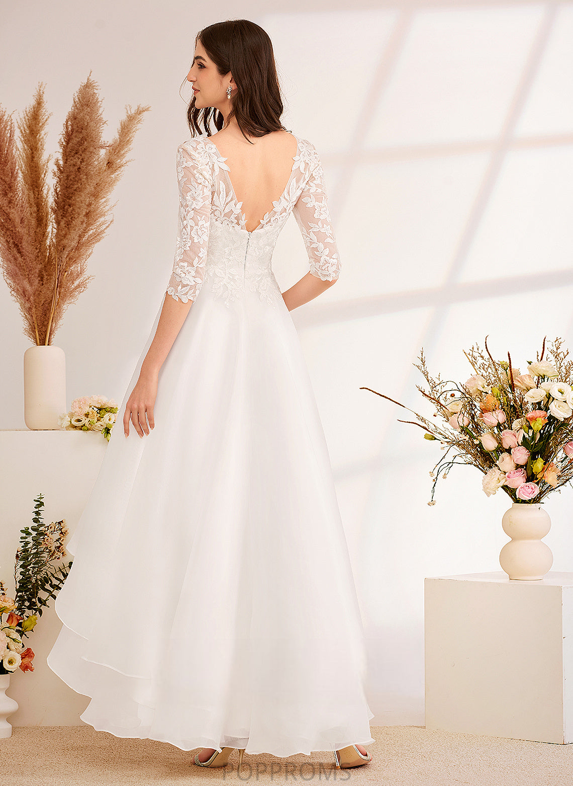 A-Line Asymmetrical Dress Tulle Skyla Wedding Dresses Lace V-neck Sequins Beading Wedding With