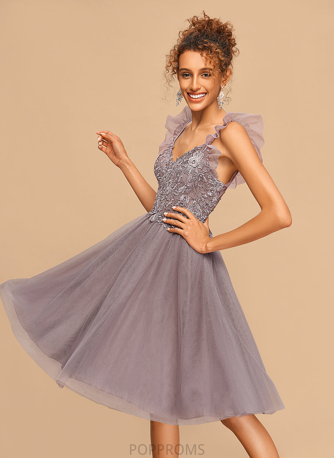 Knee-Length Dress Lace Ruffles Homecoming Homecoming Dresses A-Line Tulle V-neck Paige With Cascading