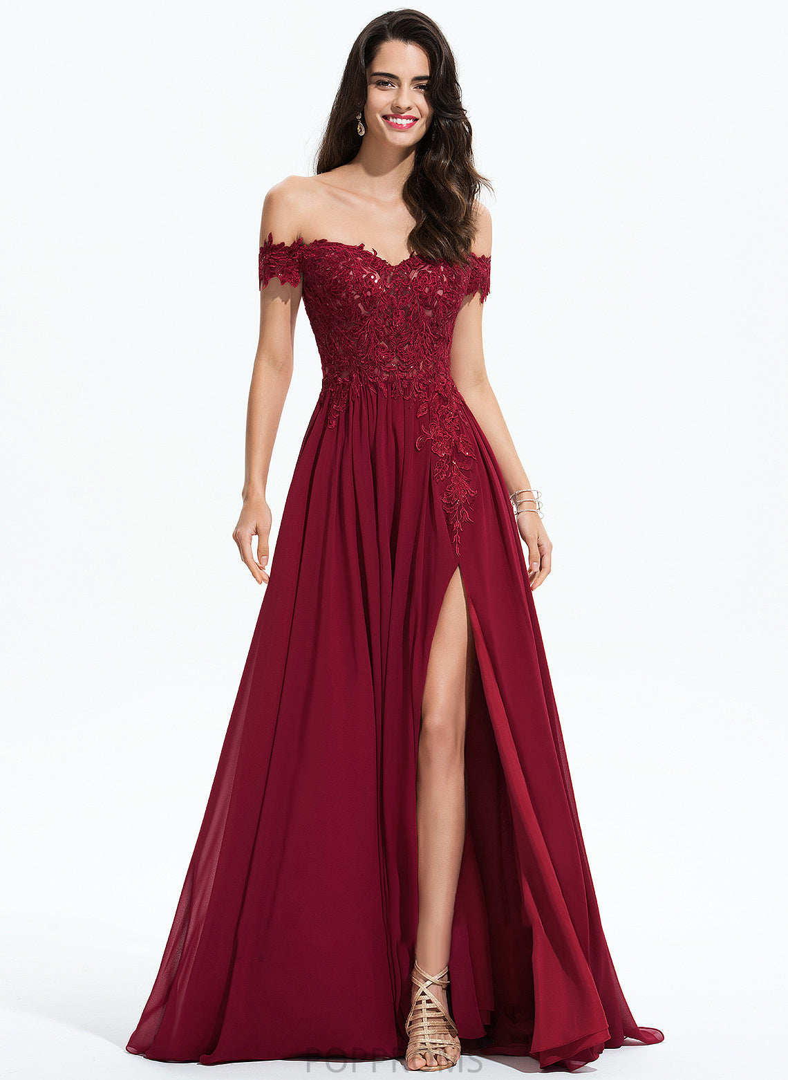 Lace Shaniya With Off-the-Shoulder Chiffon A-Line Train Sweep Prom Dresses Sequins