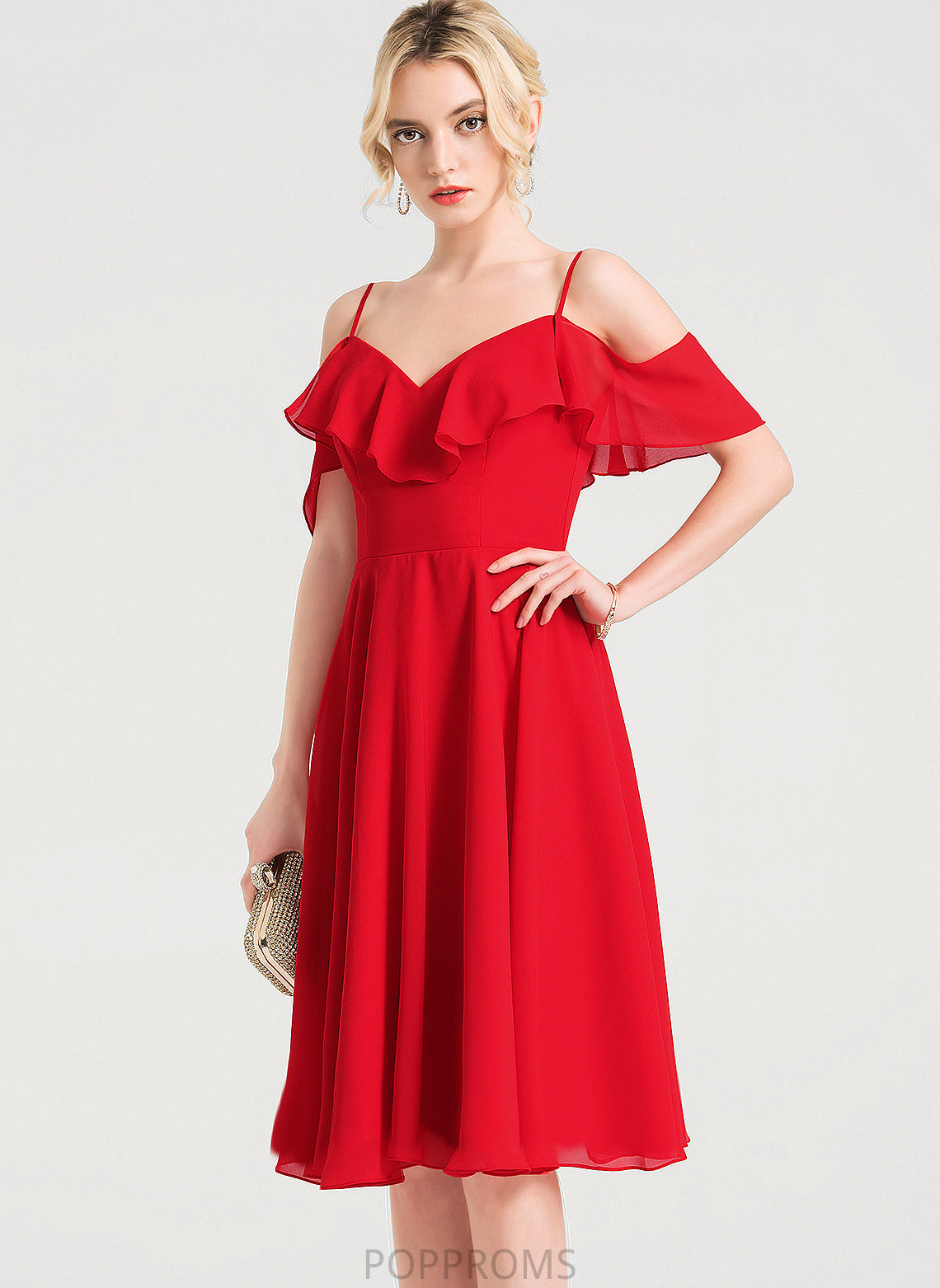 Ruffles Chiffon Cascading Dress Knee-Length Cocktail A-Line Cocktail Dresses V-neck Thalia With