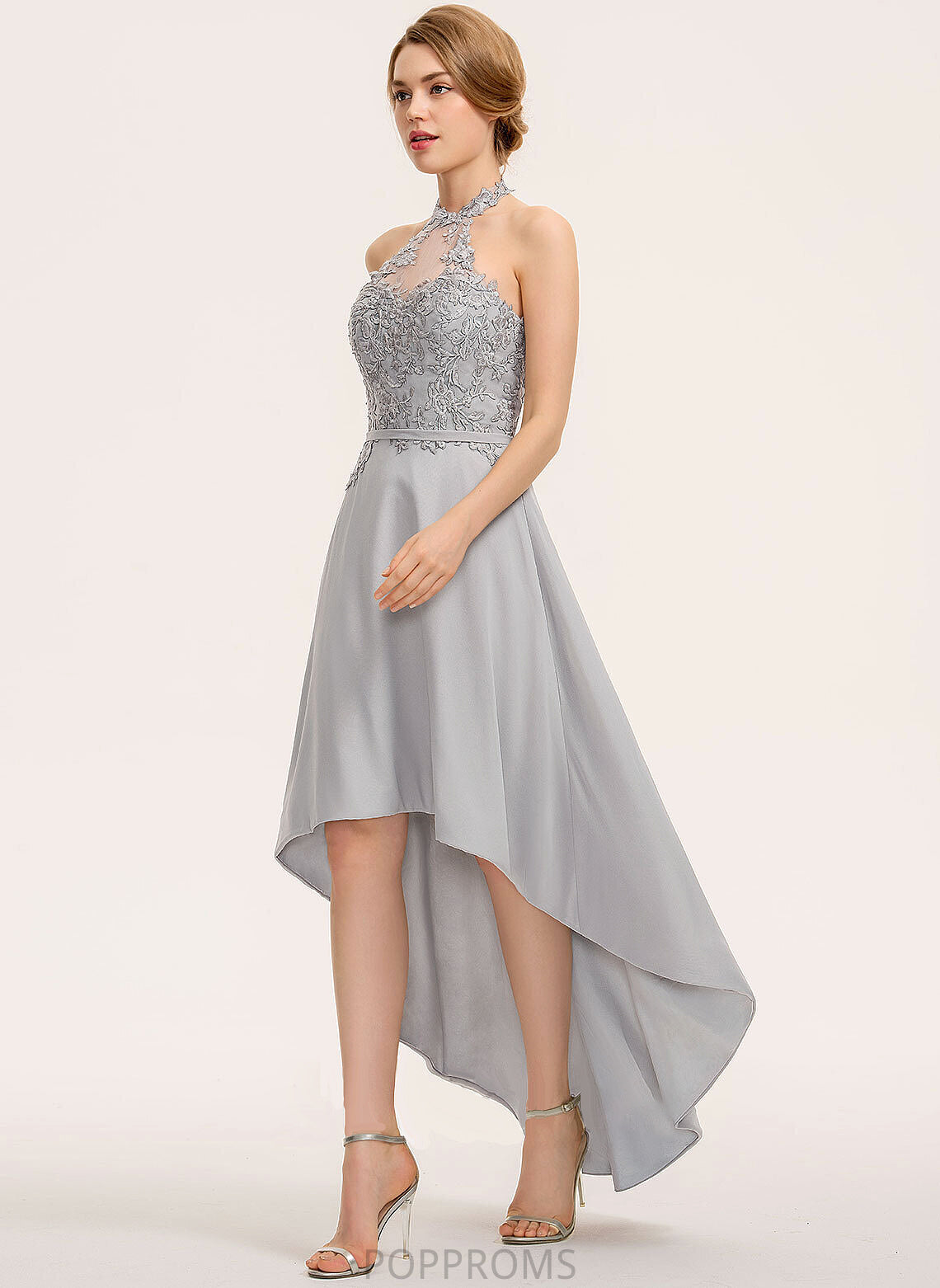 Lace Neckline Fabric Straps Silhouette Halter A-Line Length Asymmetrical Nataly A-Line/Princess Sleeveless Bridesmaid Dresses