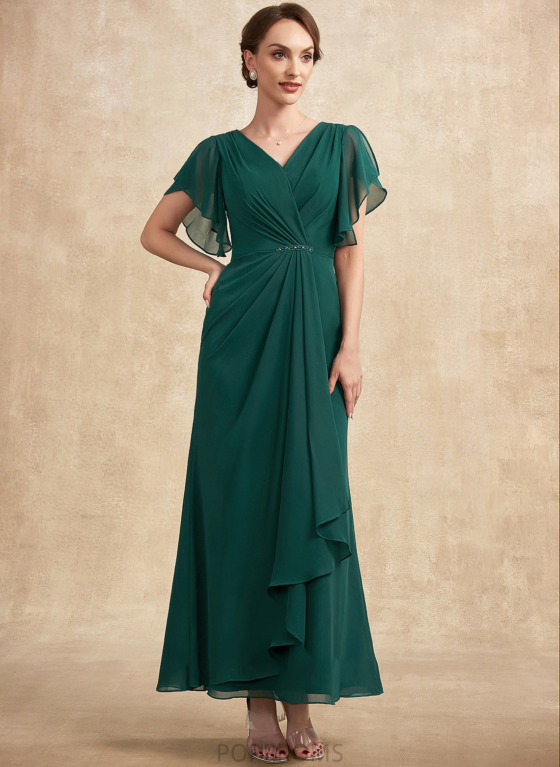 Ruffle Beading of Chiffon Bride the With Sequins Mother Ankle-Length Mother of the Bride Dresses Elsie A-Line Dress V-neck