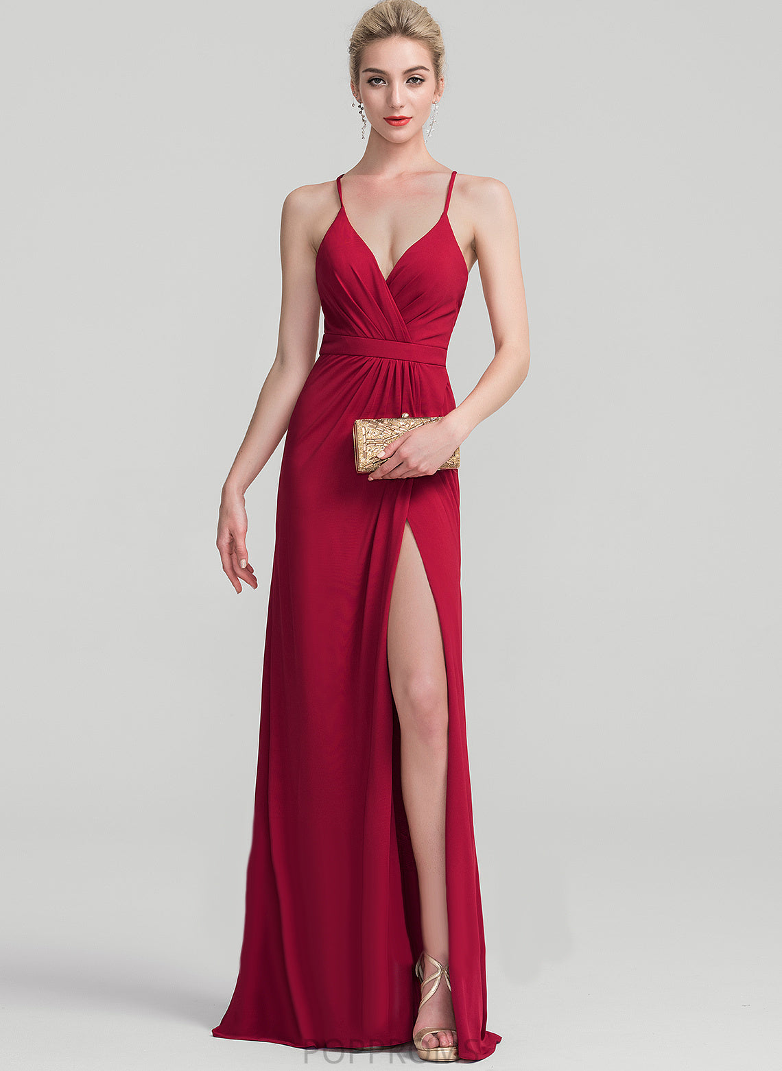 V-neck Floor-Length Kaleigh Sheath/Column With Pleated Prom Dresses Jersey