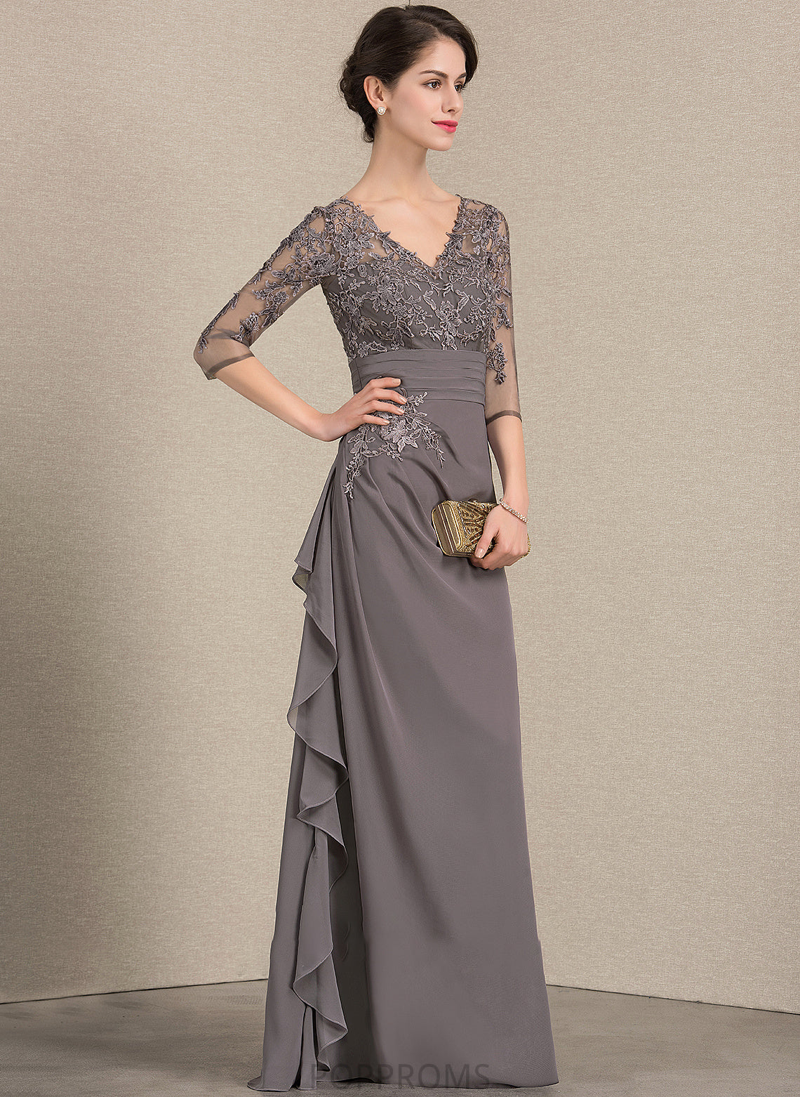 Chiffon Mother of the Bride Dresses Bride of V-neck Mother Floor-Length Lace With Sonia Cascading the Ruffles A-Line Dress