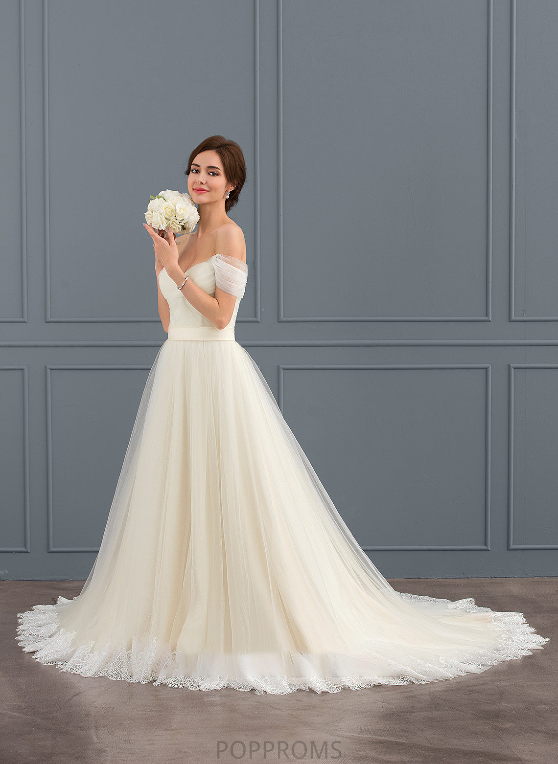 With Wedding Dresses Josephine Ball-Gown/Princess Dress Court Off-the-Shoulder Wedding Lace Tulle Train Ruffle