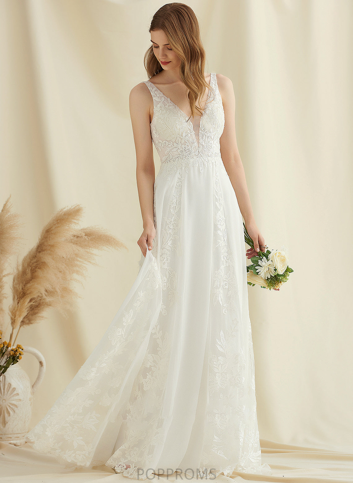 Wedding Lace V-neck With Sweep Dress Chiffon Wedding Dresses A-Line Sequins Jazmin Train