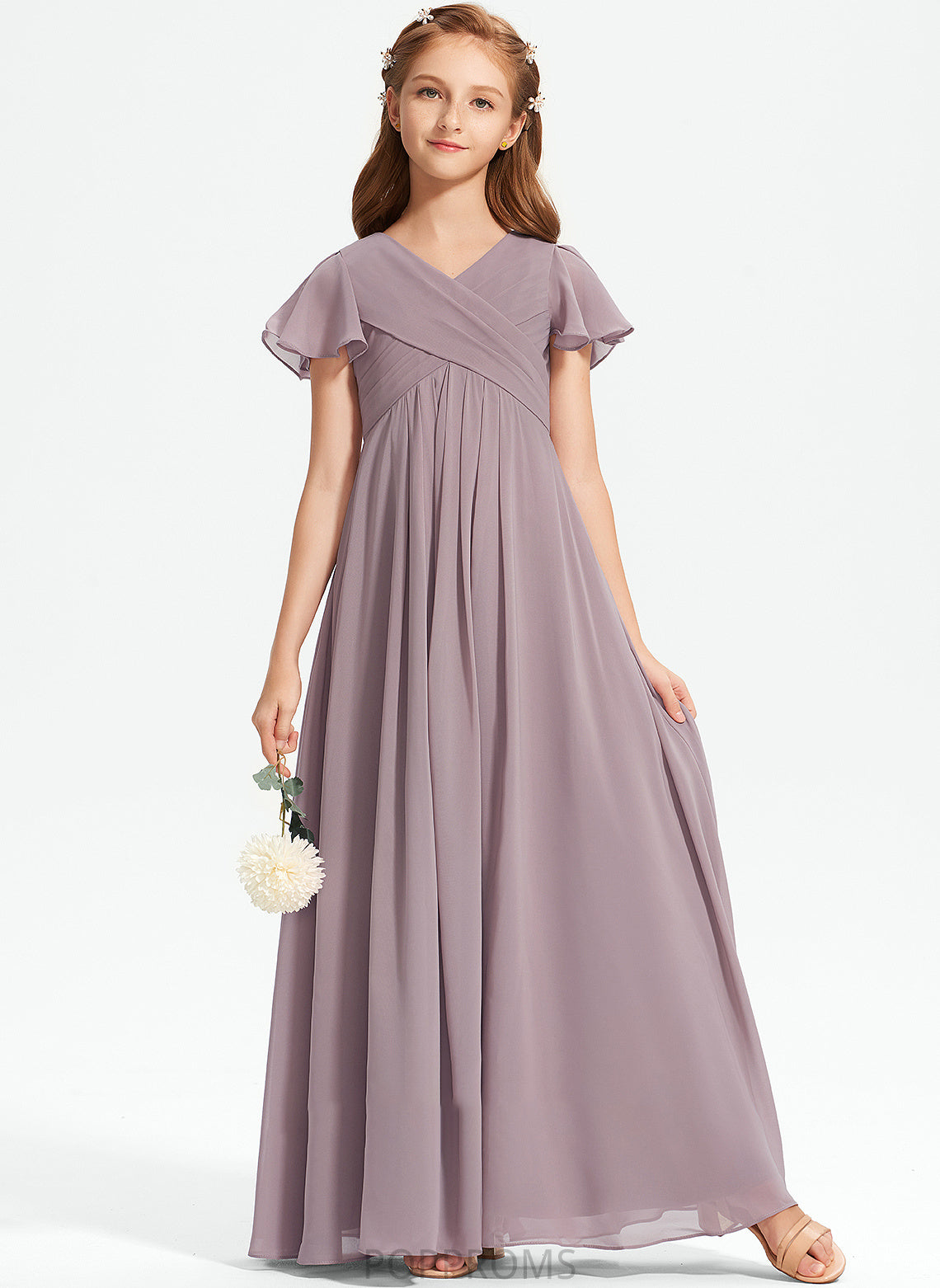 V-neck With Floor-Length Ruffle Junior Bridesmaid Dresses Chiffon A-Line Jaliyah