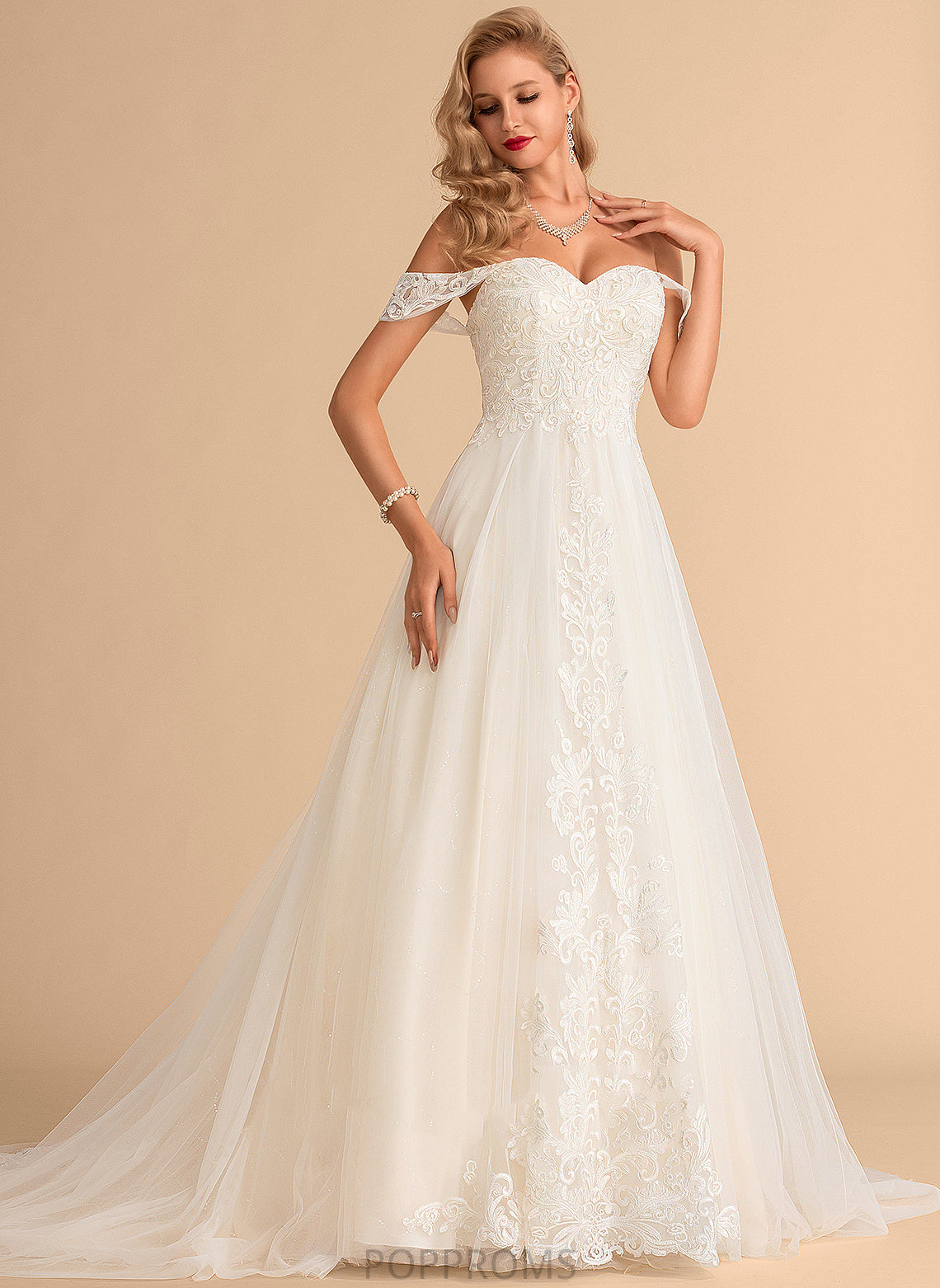 Ball-Gown/Princess Sequins Wedding Dresses Dress With Lace Off-the-Shoulder Brynn Wedding Train Tulle Court