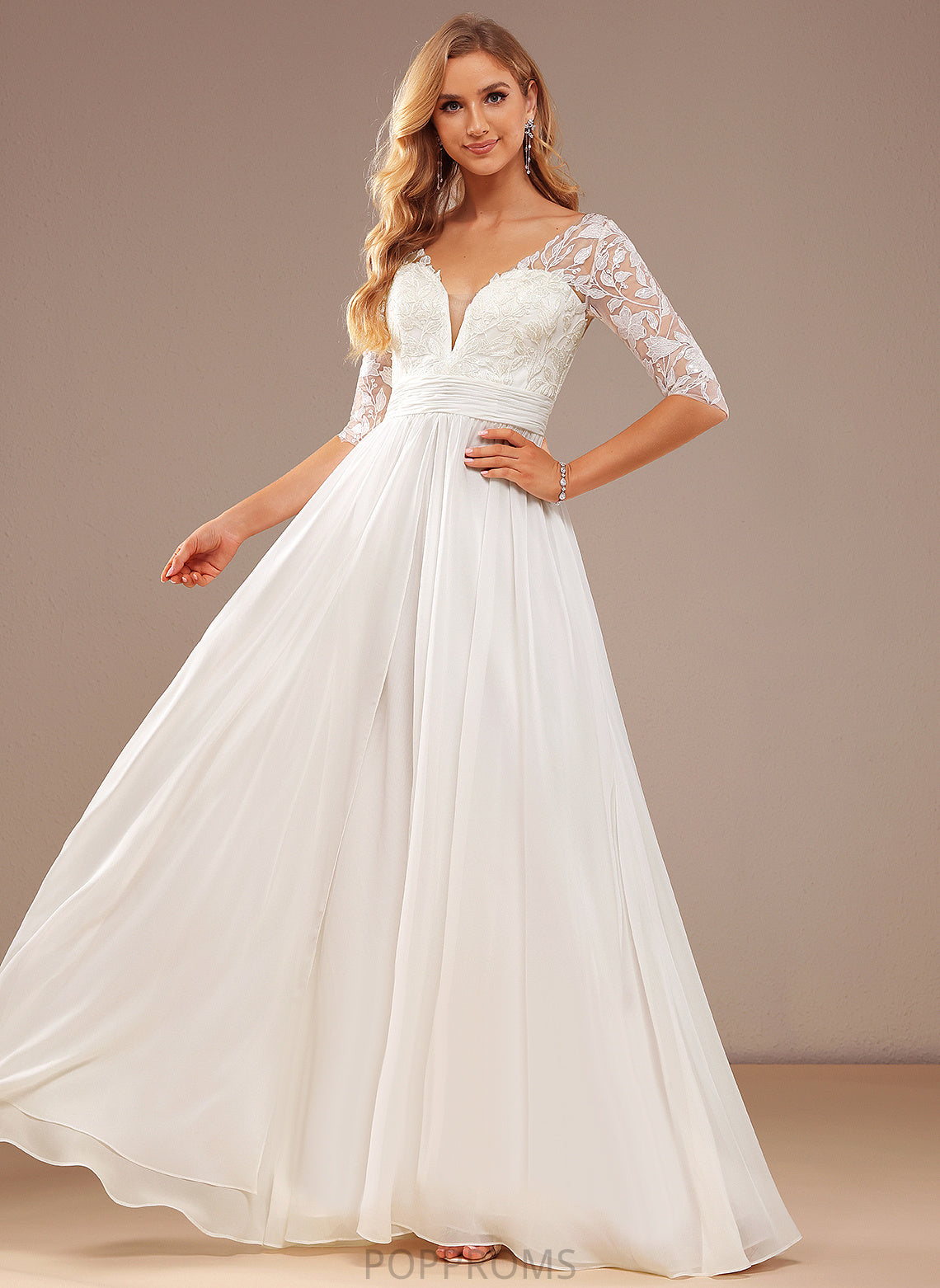 Ruffle Lace V-neck Maren Dress A-Line Floor-Length Wedding Dresses Wedding With Chiffon Sequins