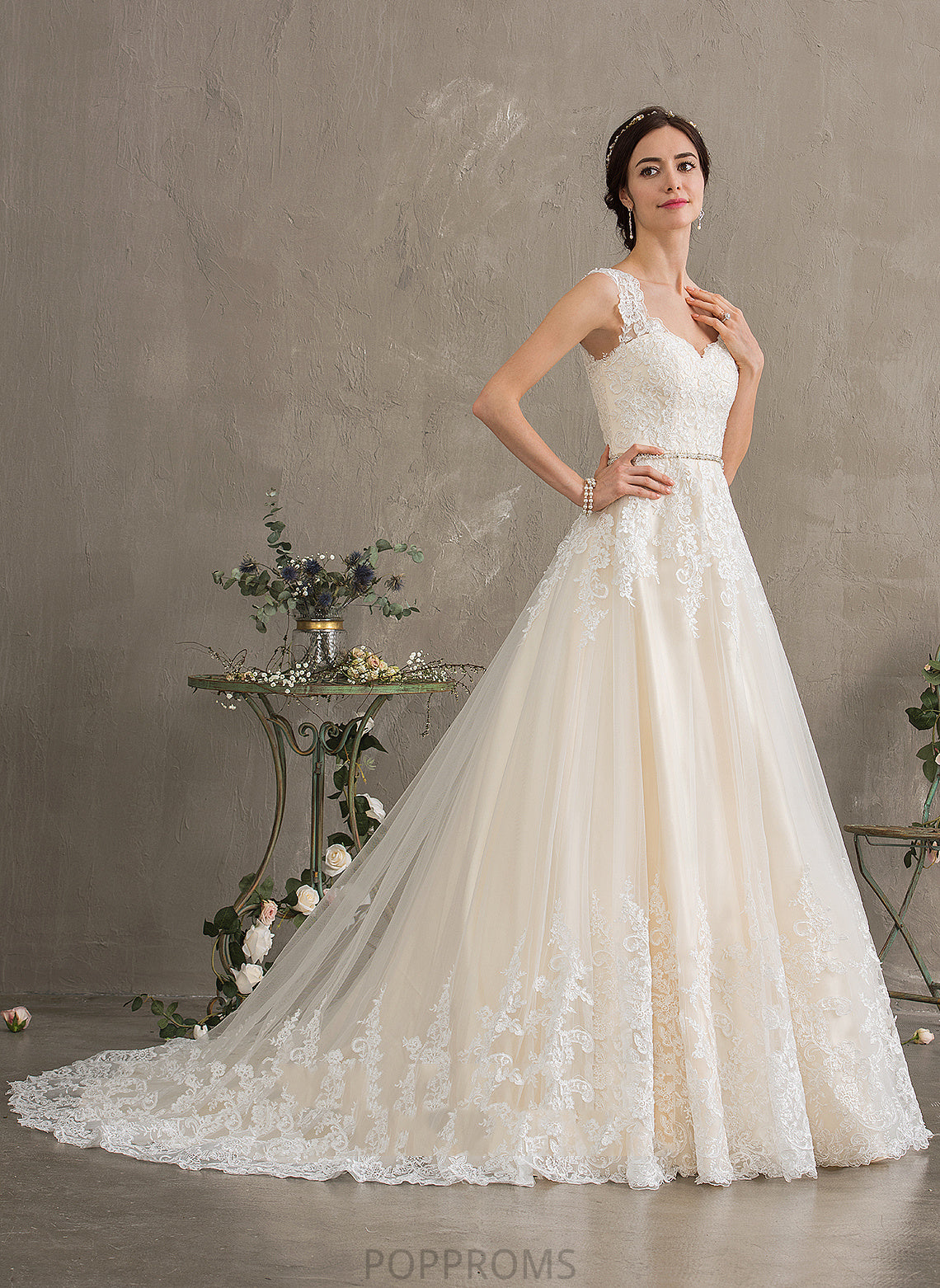 Ball-Gown/Princess Wedding Dress Arielle Train Lace Tulle Wedding Dresses Beading Sweetheart With Sequins Court