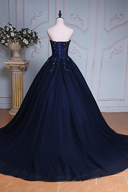 Navy Blue Ball Gown Court Train Sweetheart Strapless Lace Up Beading Prom Dresses