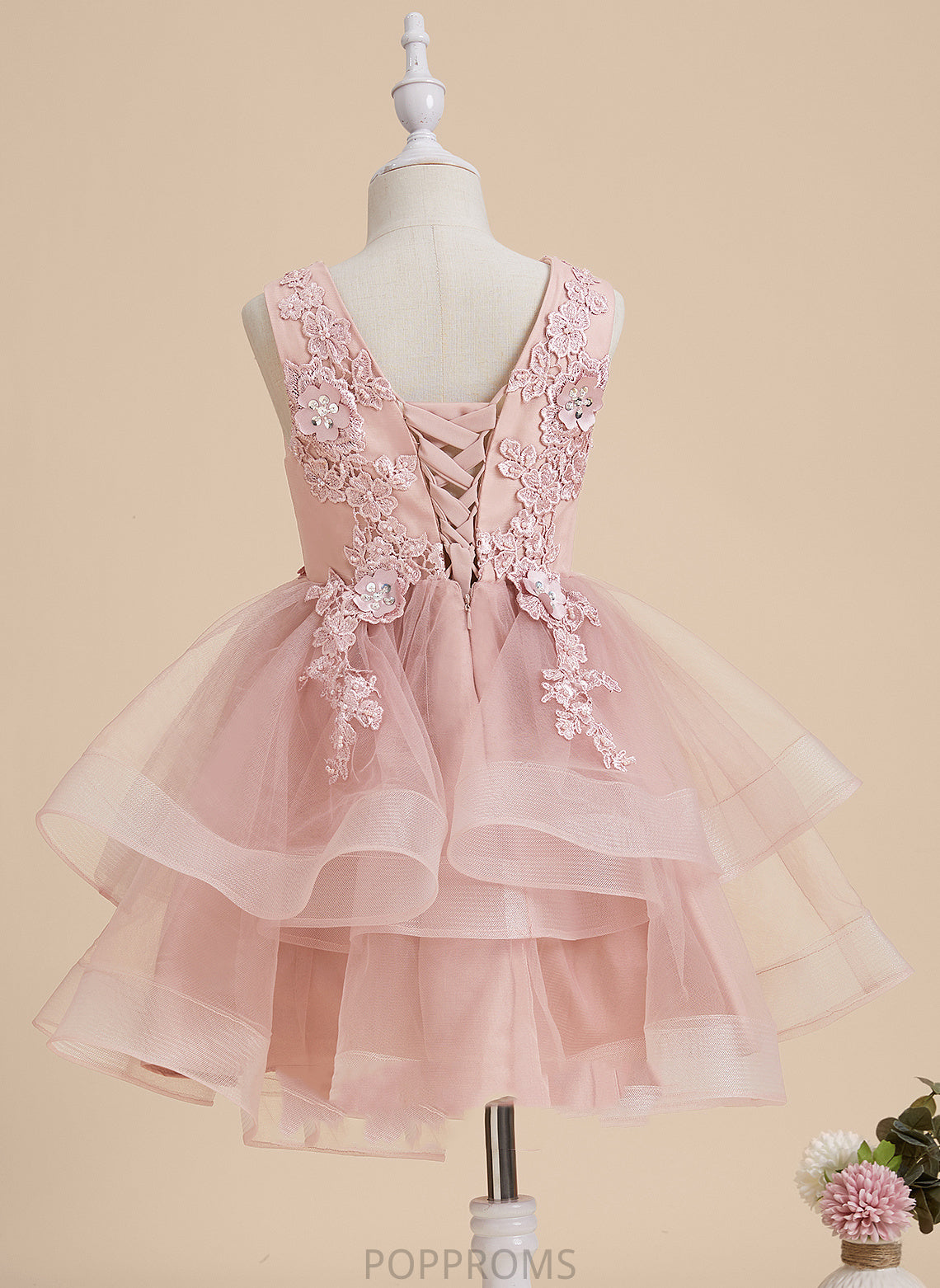 Tulle/Lace Flower V-neck Dress Girl - Arely With Beading/Flower(s)/Sequins Knee-length Sleeveless Flower Girl Dresses A-Line