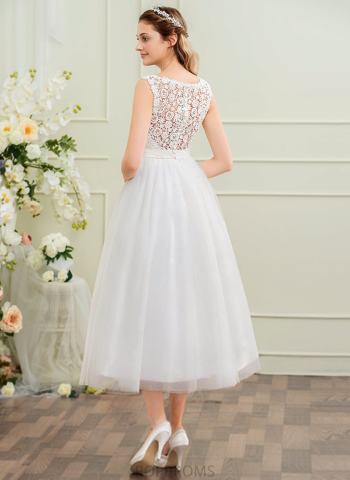 Ball-Gown/Princess Beading Sequins Tulle Wedding Lace Dress Alia Tea-Length Satin With Wedding Dresses