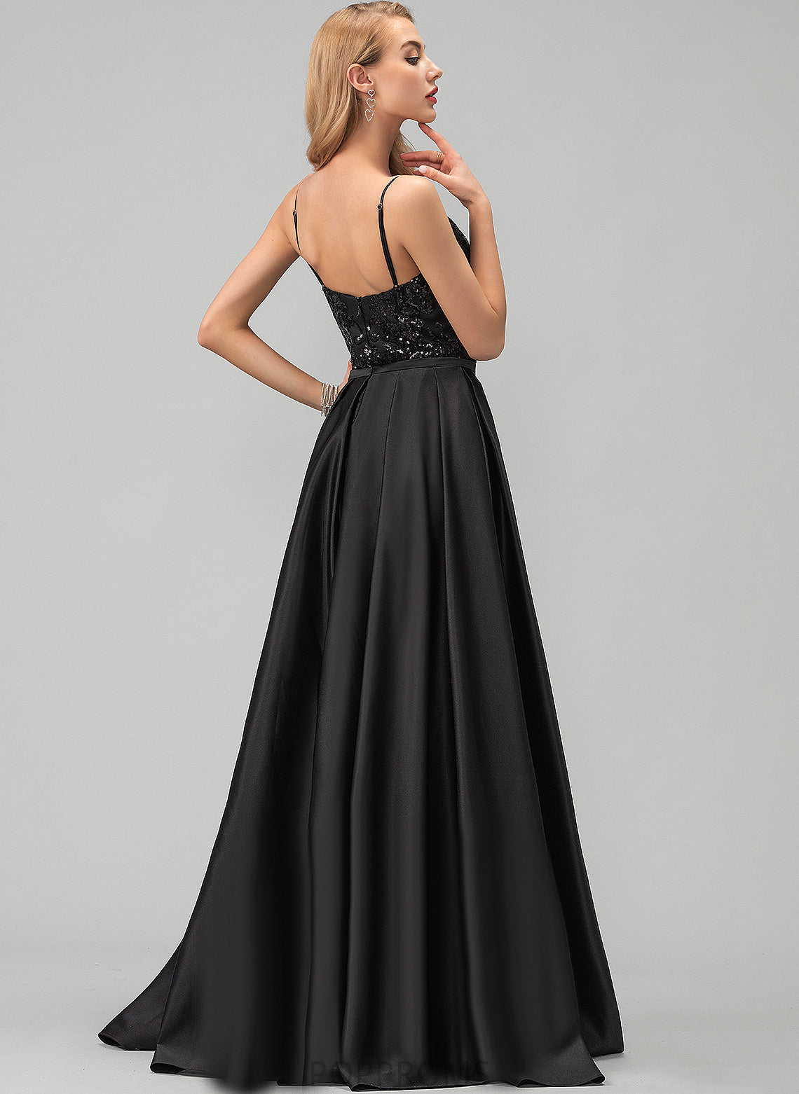 V-neck Satin Sheath/Column Sequined Floor-Length Prom Dresses Allyson