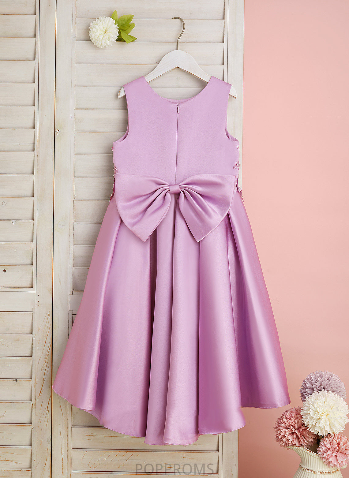 Scoop Aubree Asymmetrical Lace/Beading/Bow(s) Flower Girl Dresses A-Line Satin/Tulle With Sleeveless Flower Neck - Dress Girl