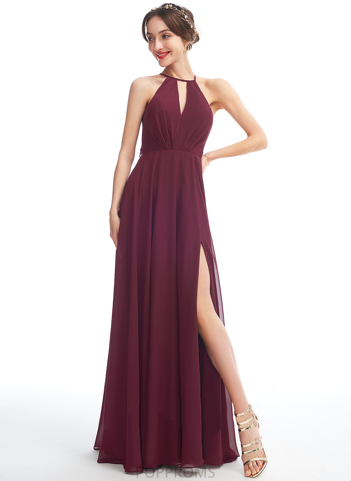 Neckline Halter Floor-Length Embellishment Length SplitFront A-Line Silhouette Fabric Gabrielle Sleeveless One Shoulder Bridesmaid Dresses