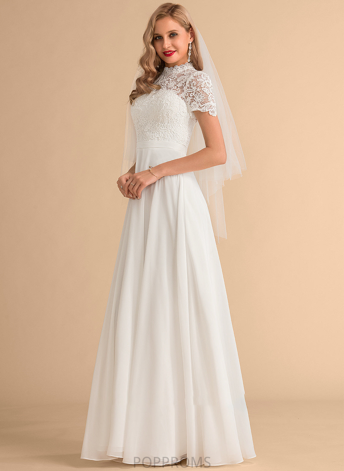 Neck Lace Wedding A-Line Chiffon Dress Setlla Wedding Dresses Floor-Length High