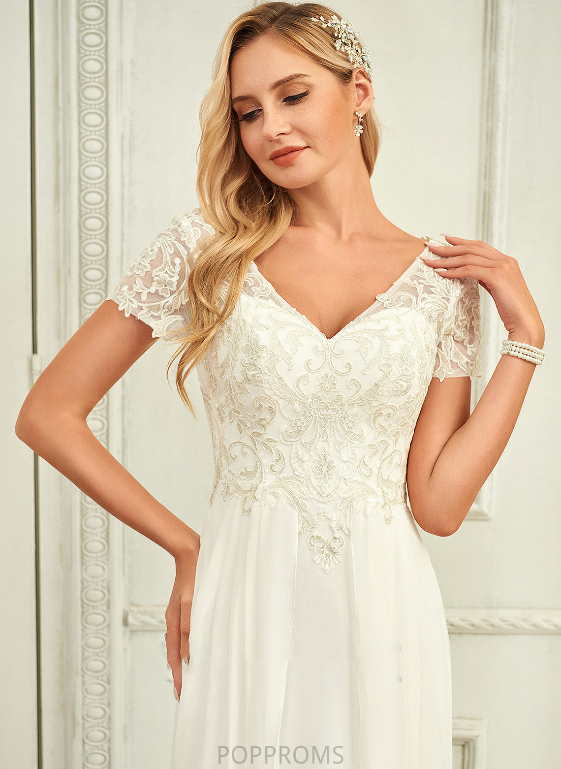 Dress With V-neck Wedding Madeline Floor-Length A-Line Wedding Dresses Lace Lace Chiffon