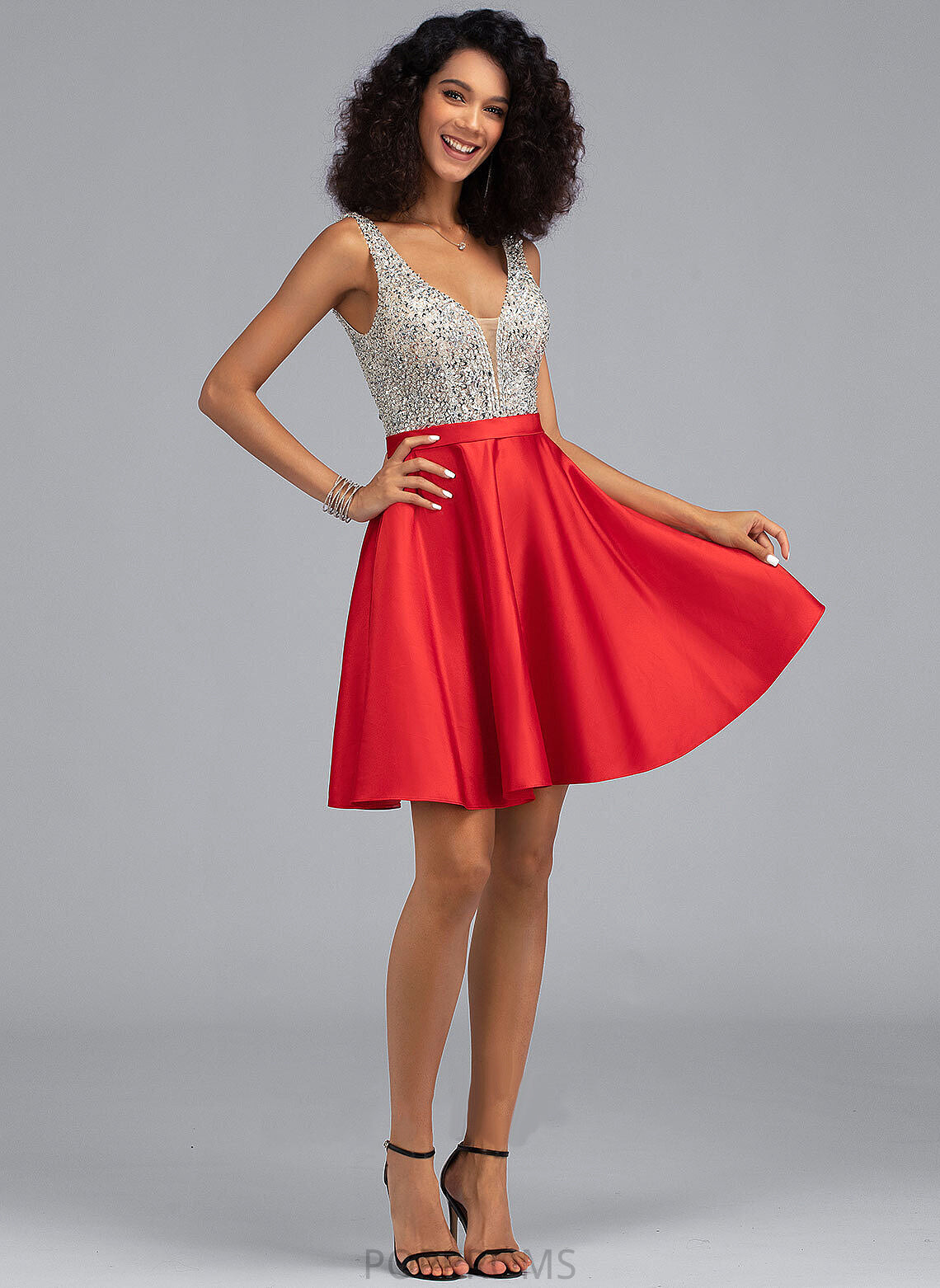 V-neck Homecoming Dresses Short/Mini Beading Satin Homecoming With Sequins Pockets A-Line Jazmin Dress