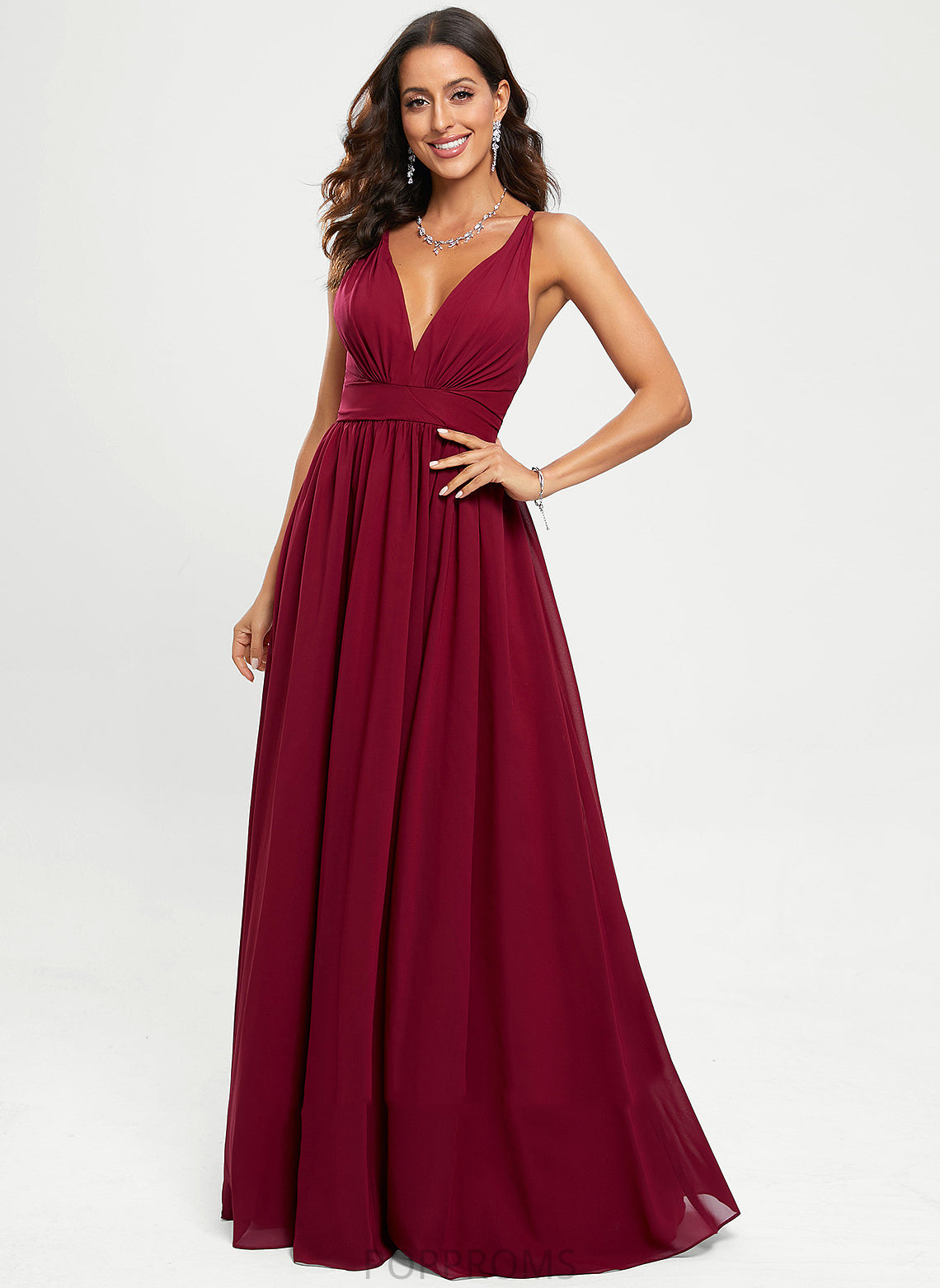 V-neck Floor-Length Pru Chiffon Prom Dresses A-Line