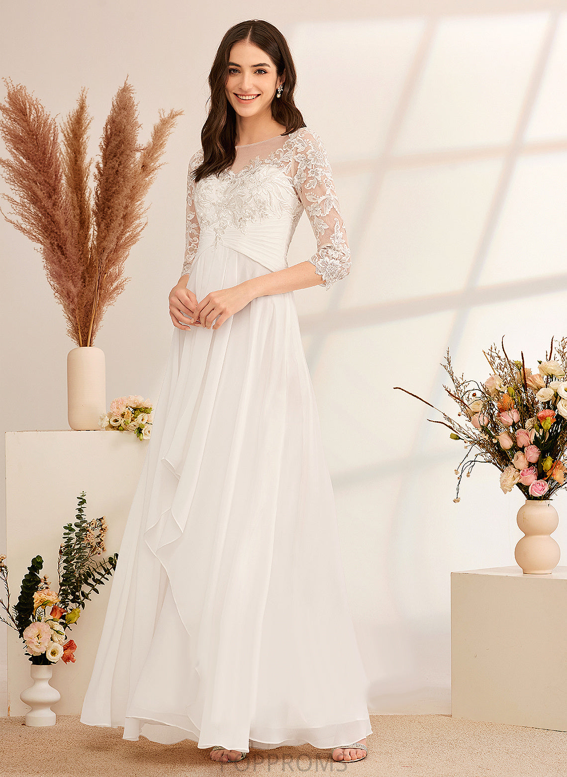 Wedding Dresses Ruffle Lace Illusion A-Line Monserrat Floor-Length Beading Dress Chiffon Wedding With