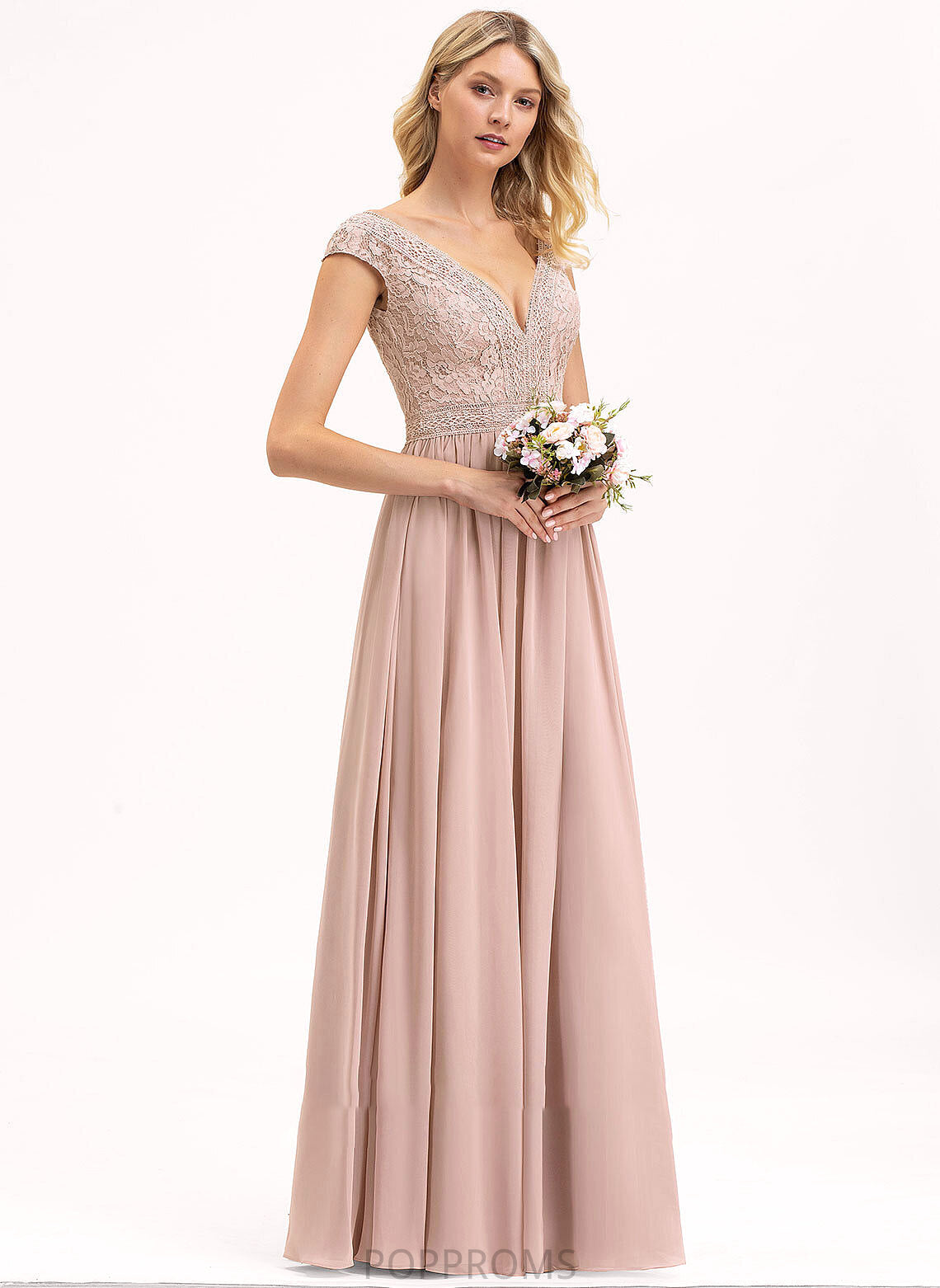 Fabric Floor-Length Length V-neck A-Line Straps Neckline Lace Silhouette Kaylen Natural Waist A-Line/Princess Bridesmaid Dresses