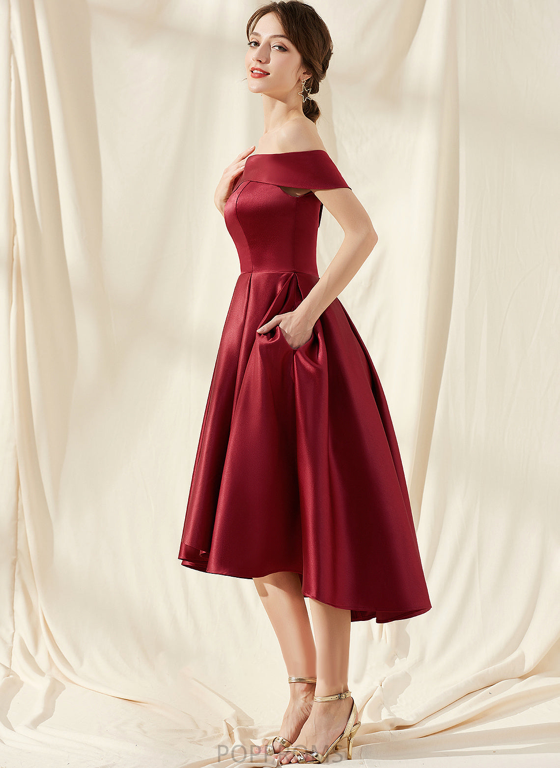 Cocktail Dresses A-Line Asymmetrical With Cocktail Pockets Dress Off-the-Shoulder Satin Elisa