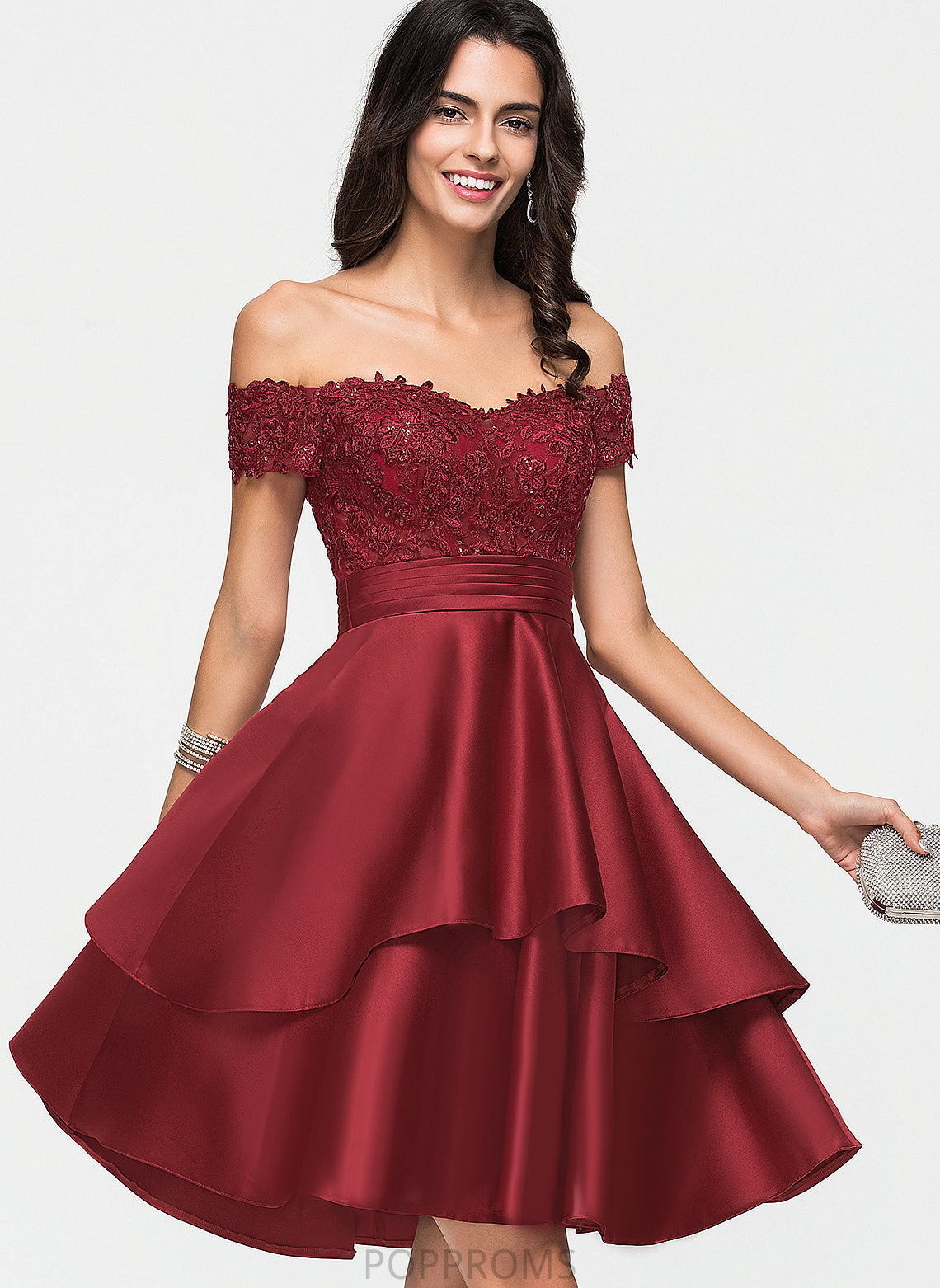 Cocktail Dresses Lace A-Line Off-the-Shoulder Camille Sequins Knee-Length Satin With Dress Cocktail