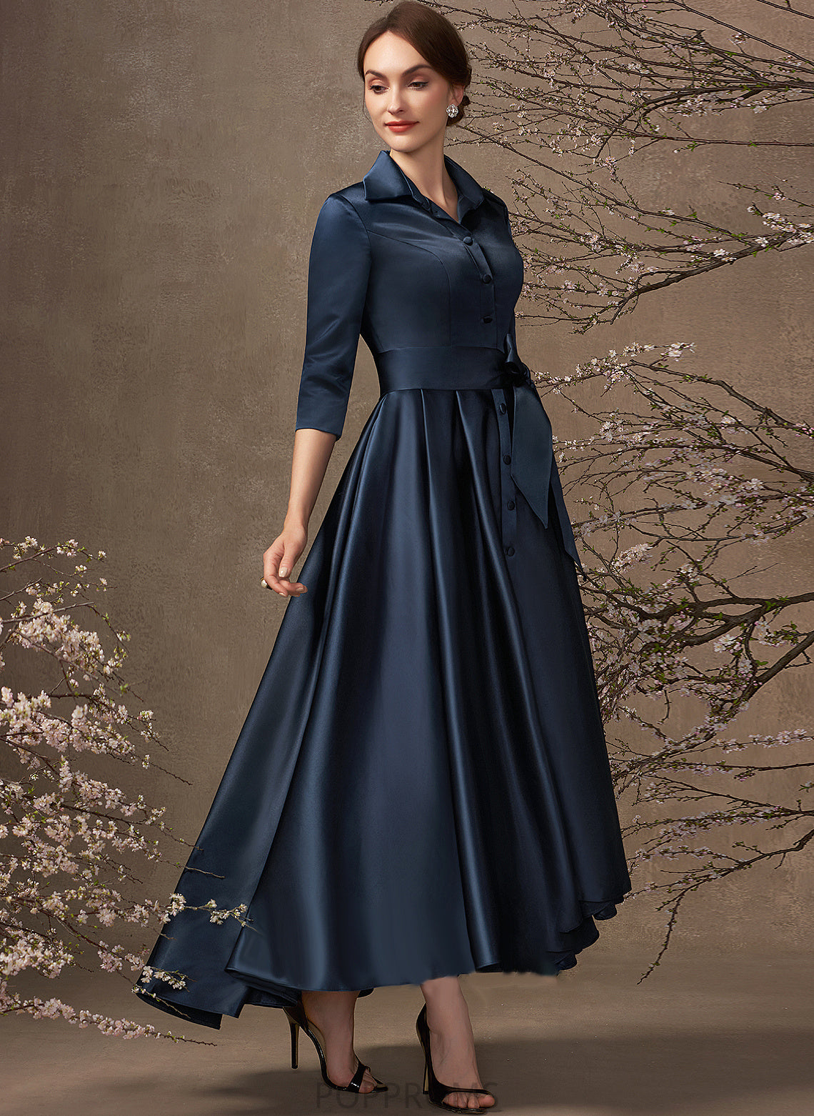 Dress Bride V-neck Mother of the Bride Dresses of Mother Asymmetrical With Pockets the A-Line Cheyenne Bow(s) Satin