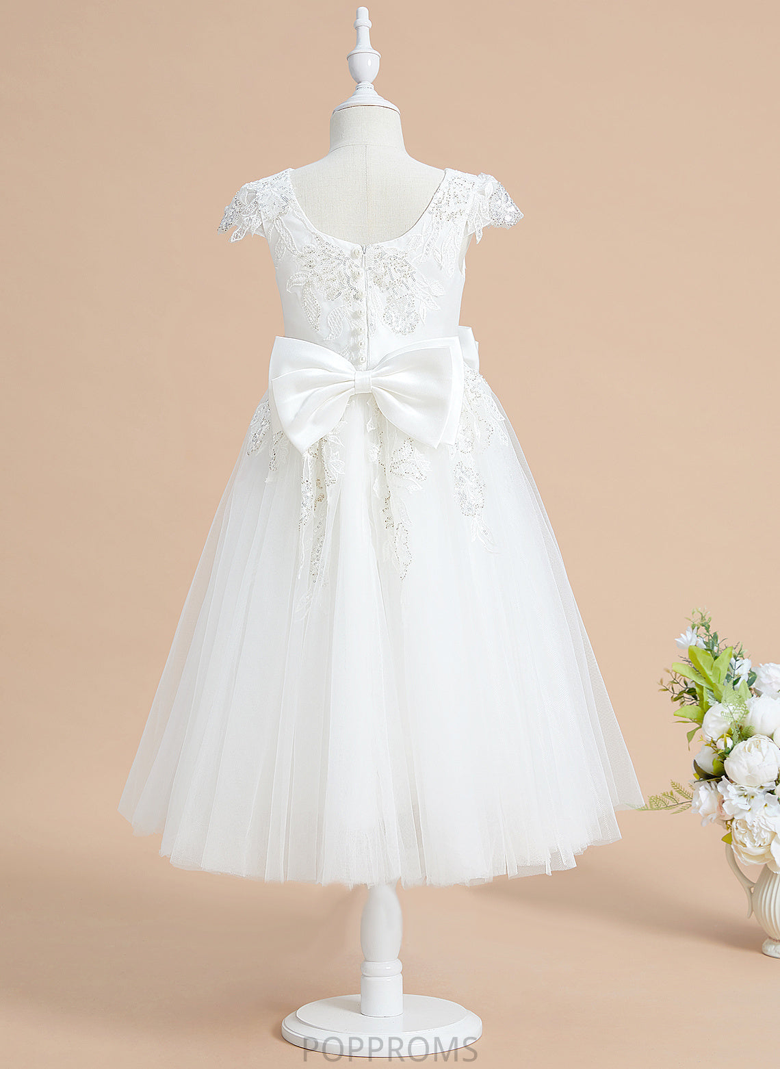 Short Scoop Sequins/Bow(s) Sleeves Dress Tulle/Lace Flower Girl Dresses Girl Neck Flower With A-Line - Tea-length Marina