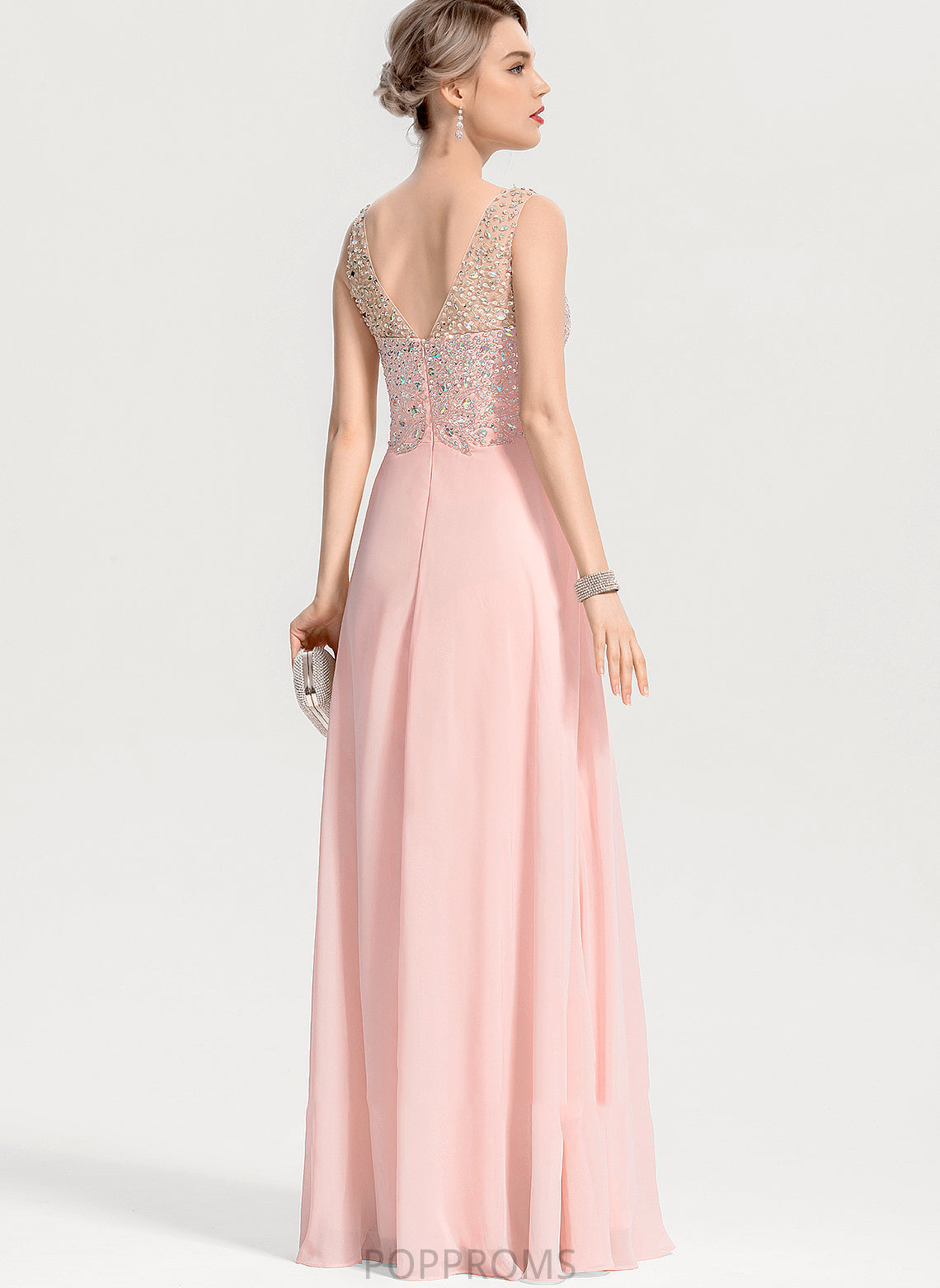 Sequins A-Line Chiffon Beading Prom Dresses Split V-neck With Front Floor-Length Alexandria