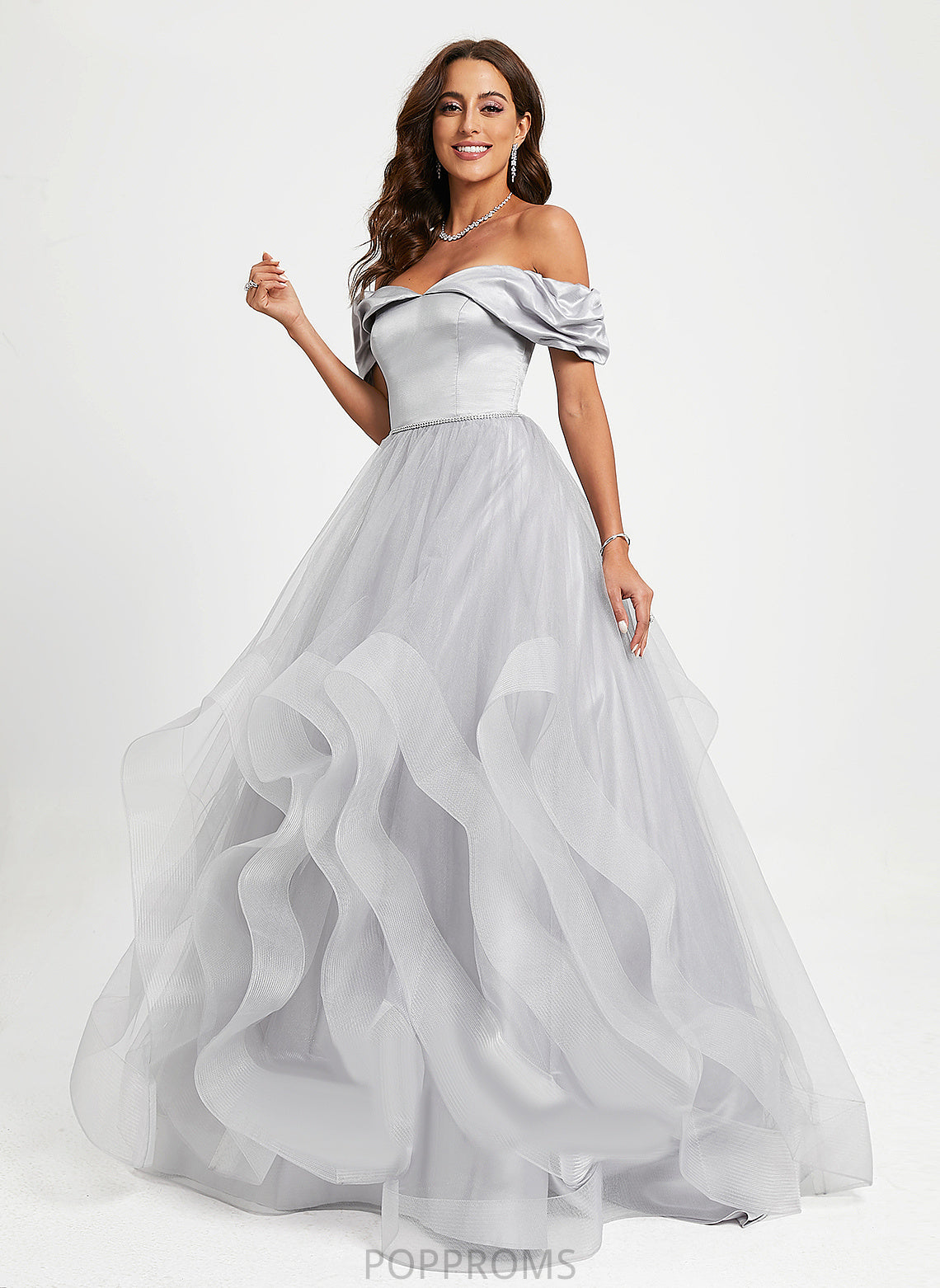 Train Satin Prom Dresses Winifred Off-the-Shoulder Tulle Ball-Gown/Princess Sweep