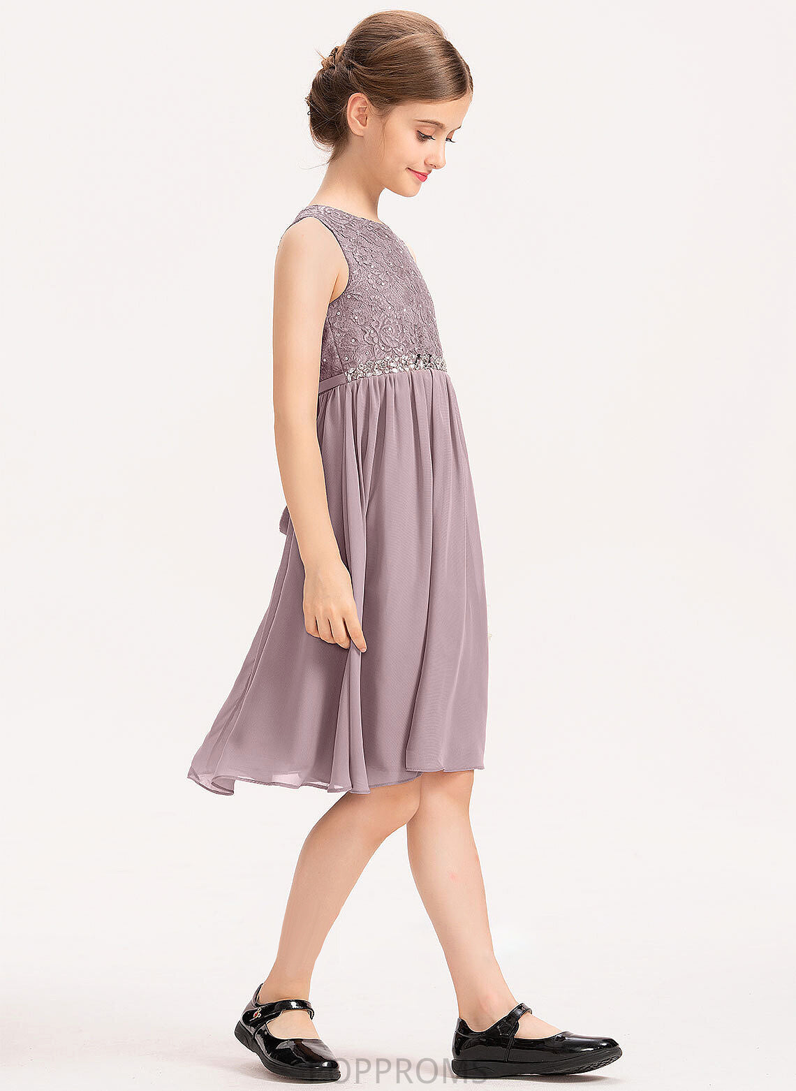 With Chiffon Beading Junior Bridesmaid Dresses Knee-Length Bow(s) Neck Payton A-Line Lace Scoop