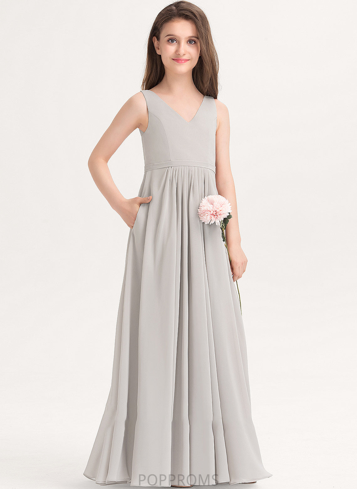 With V-neck Chiffon Lilith A-Line Floor-Length Pockets Junior Bridesmaid Dresses