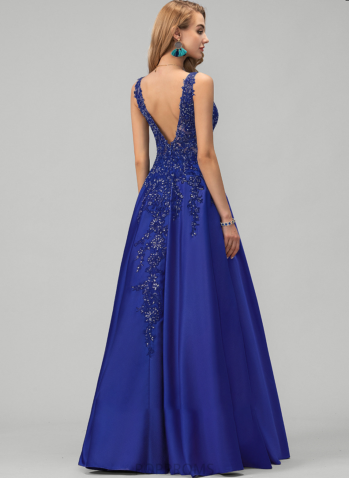 Prom Dresses A-Line Floor-Length Satin Lace Brenda With Sequins V-neck