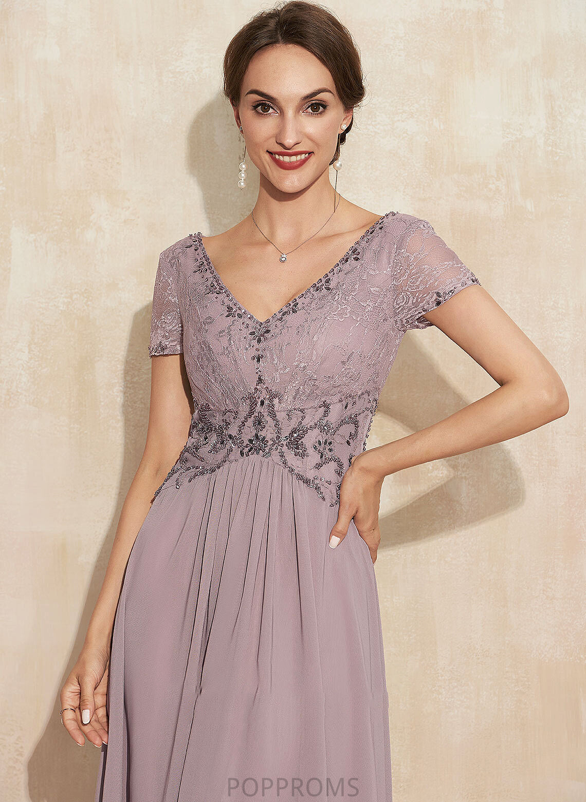 of Mother of the Bride Dresses Mother V-neck the Lace Beading Dress Asymmetrical A-Line Chiffon Bride Elaine With