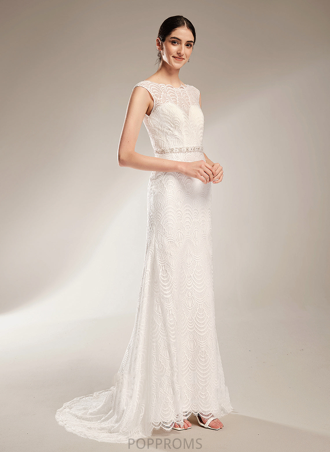 Sequins Dress With Wedding Beading Lace Sheath/Column Scoop Wedding Dresses Neck Court Jaylynn Train