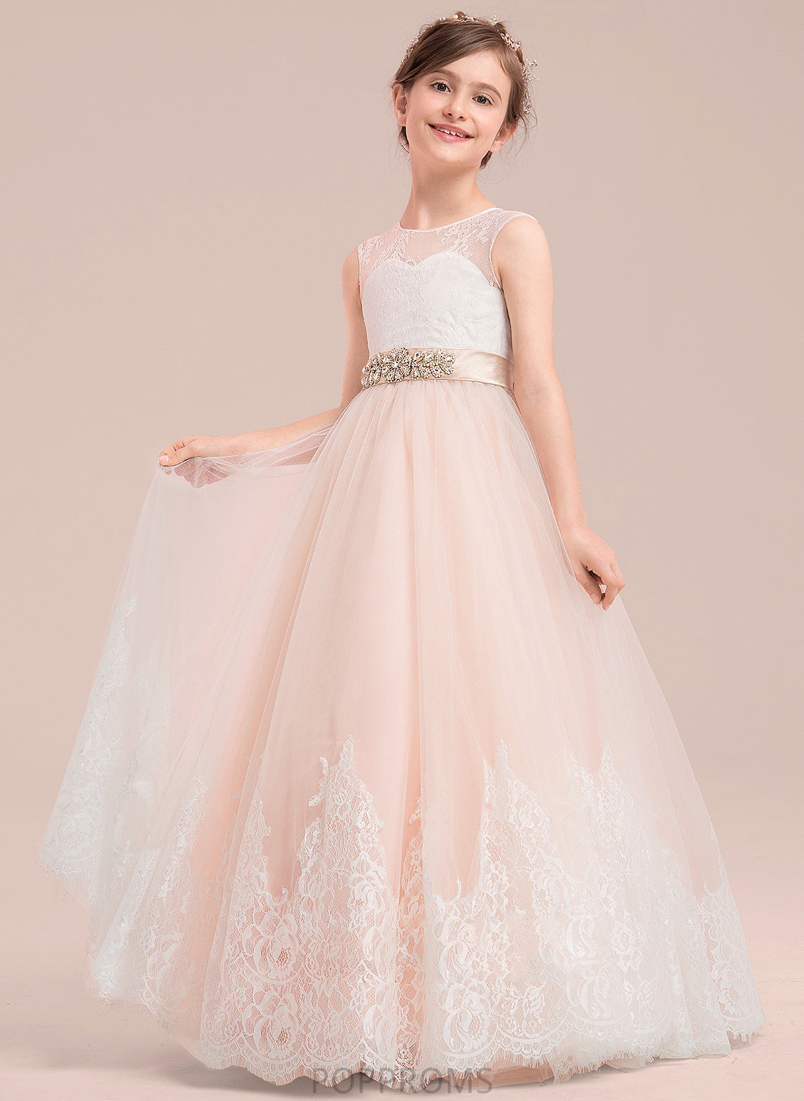 - Beading Satin/Tulle/Lace Ball-Gown/Princess Girl Dress Patti Scoop Floor-length Flower Girl Dresses Flower Neck With Sleeveless