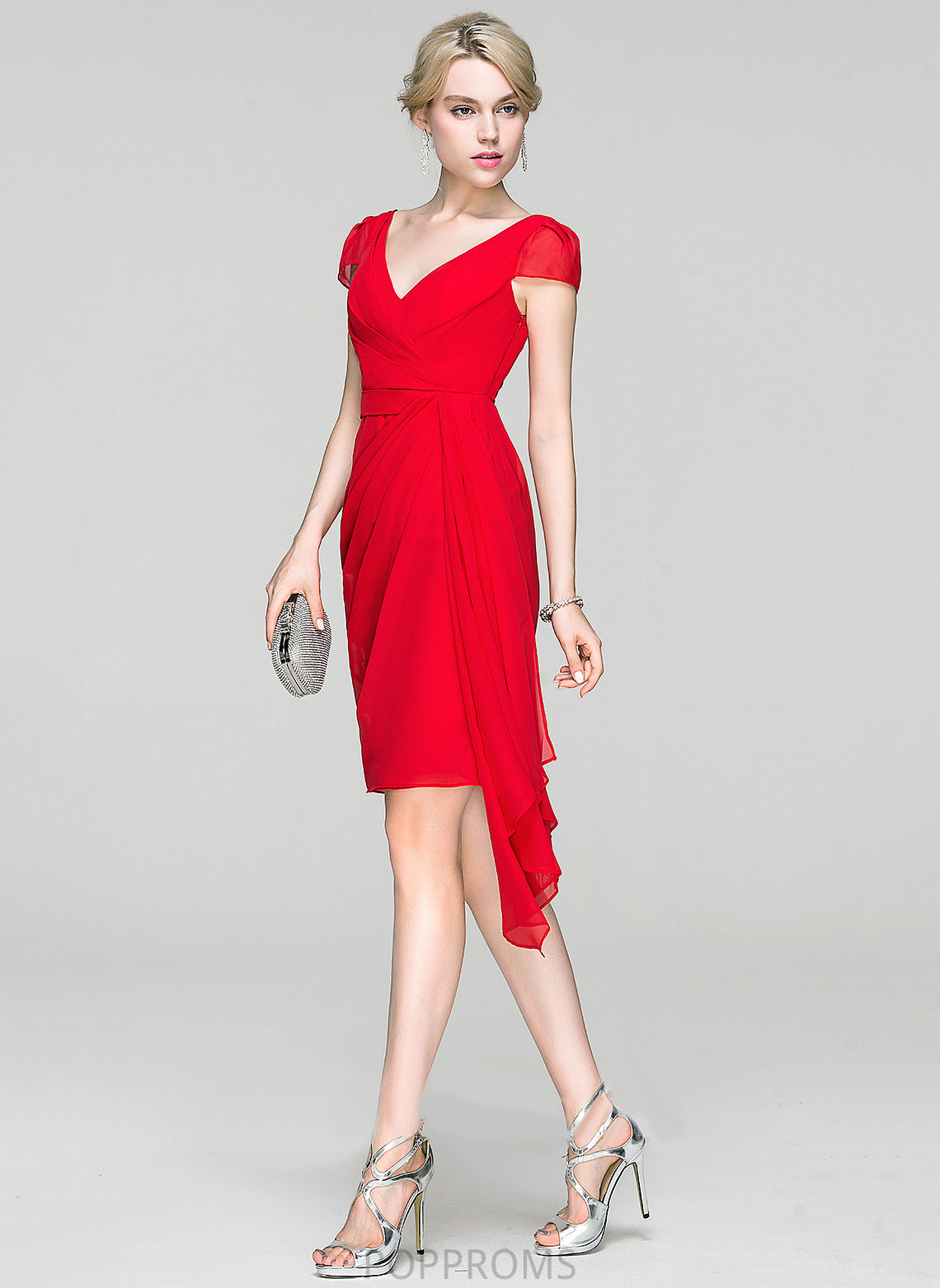 Cocktail Dresses Chiffon Cascading Sheath/Column With Cocktail Ruffles Knee-Length Helena Dress V-neck Ruffle