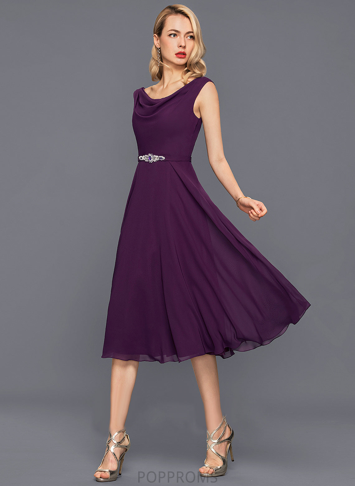 Yvonne Cocktail With Beading Cocktail Dresses Neck Chiffon Knee-Length Dress Cowl Sequins A-Line