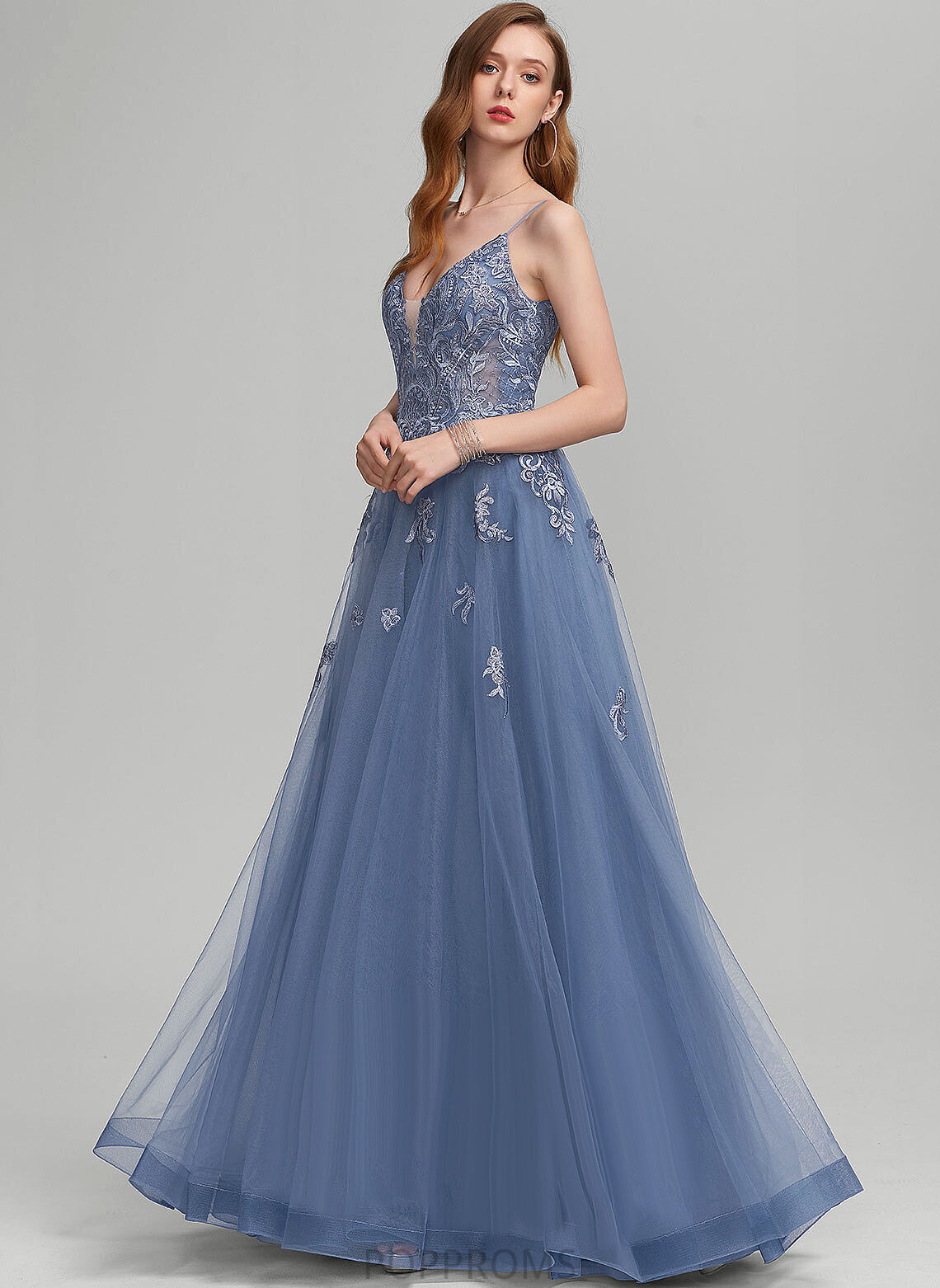 Floor-Length Tulle Prom Dresses With Sloane A-Line Sequins Lace V-neck