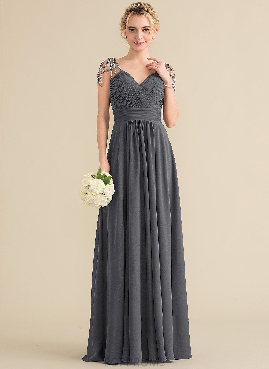 Ruffle Neckline Beading Floor-Length Sequins Length Embellishment Silhouette A-Line Fabric V-neck Elena Bridesmaid Dresses