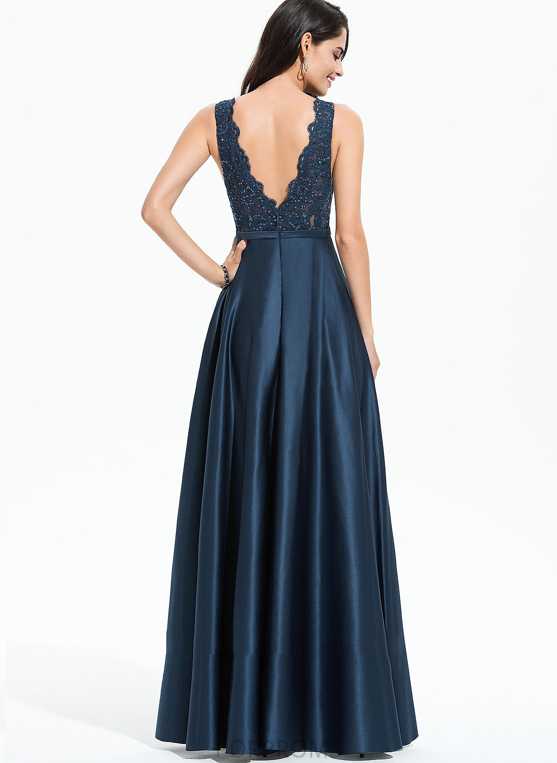 V-neck Floor-Length Susan Front A-Line With Prom Dresses Split Satin Lace Pockets Sequins