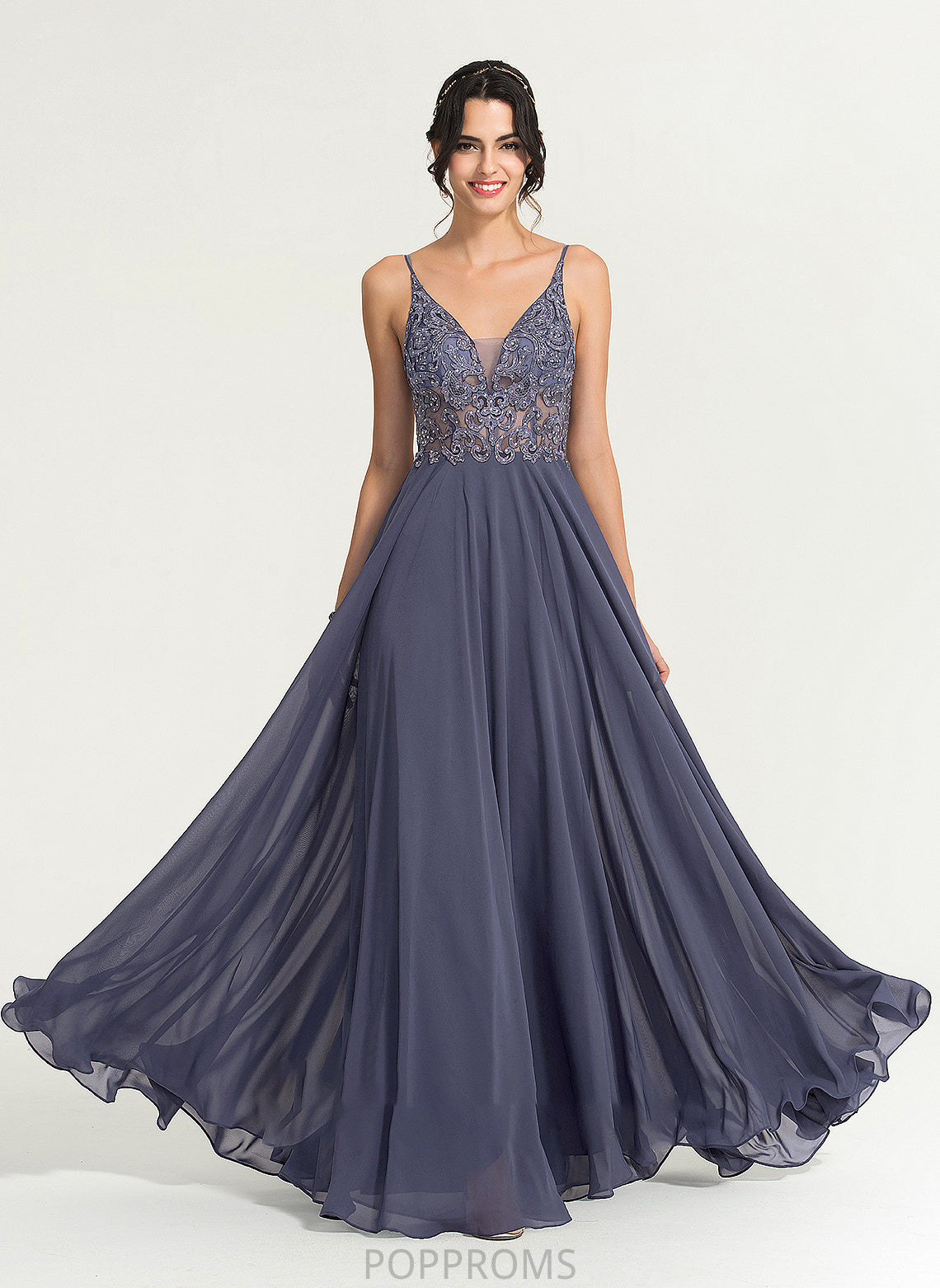 Chiffon With Prom Dresses A-Line V-neck Beading Sequins Floor-Length Athena