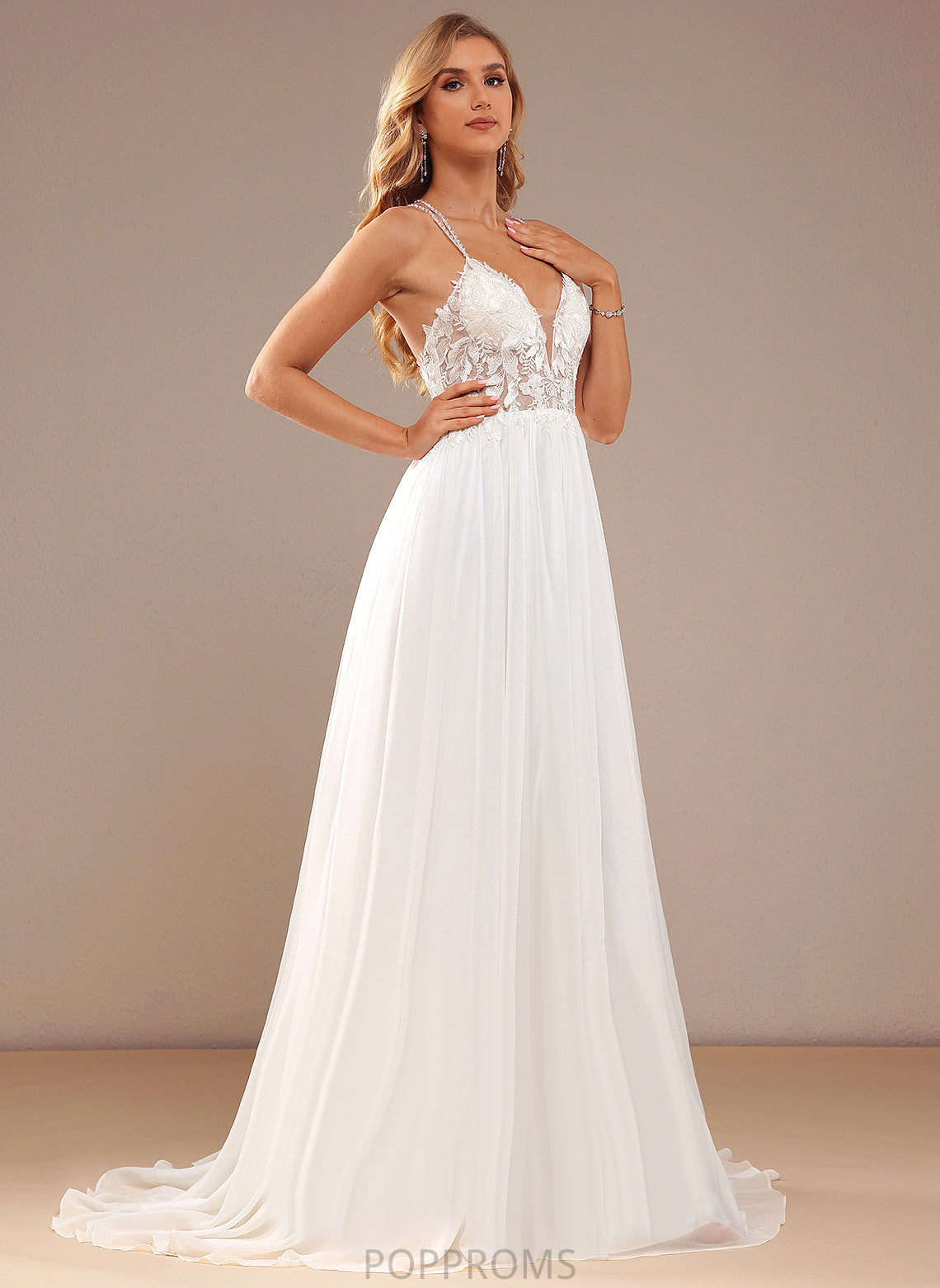 A-Line Dress V-neck Wedding Dresses Train Lace Alivia Sequins Wedding Chiffon Sweep With Beading