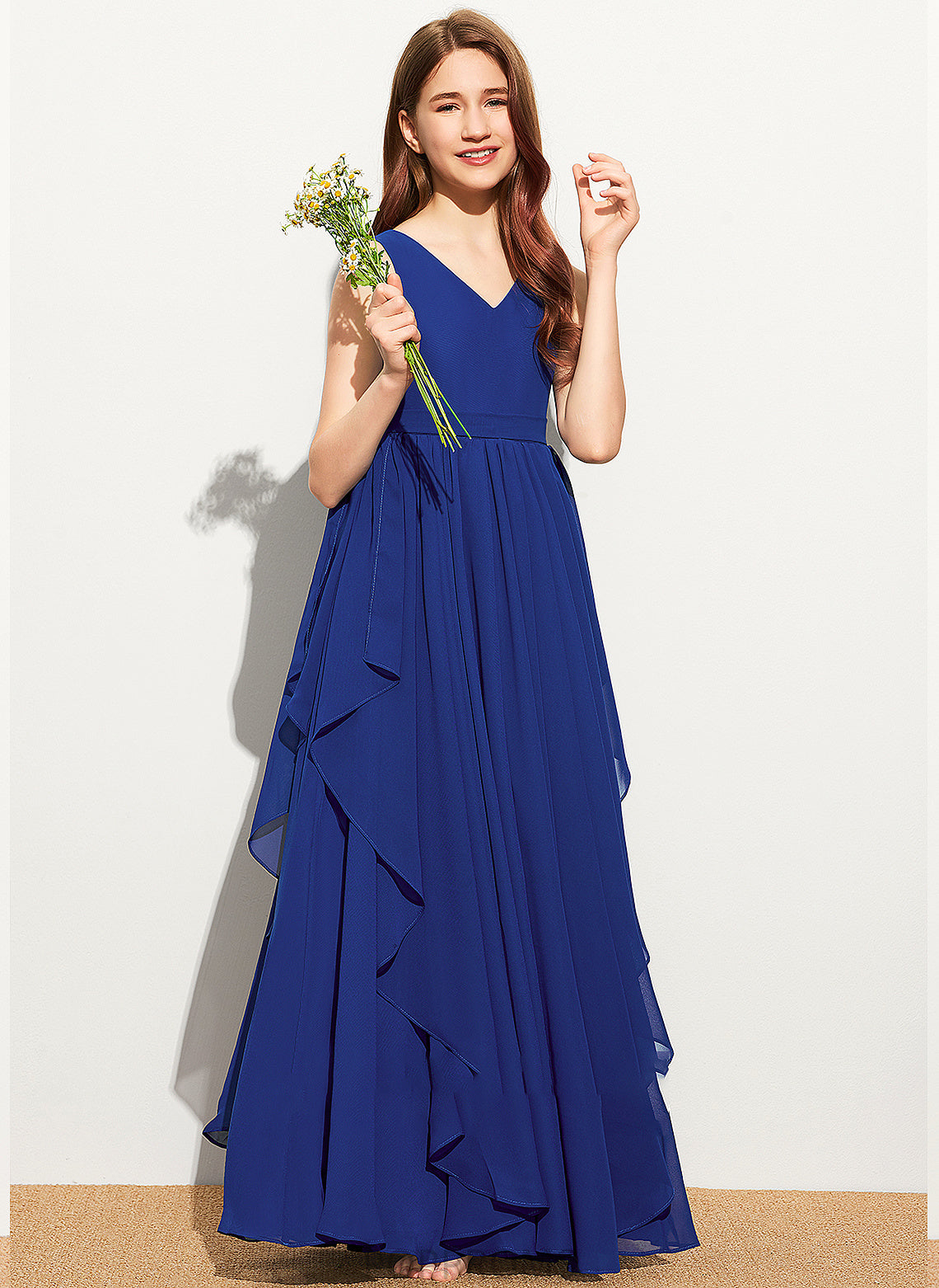 V-neck A-Line Cascading Floor-Length Chiffon Junior Bridesmaid Dresses Ruffles Rebekah With